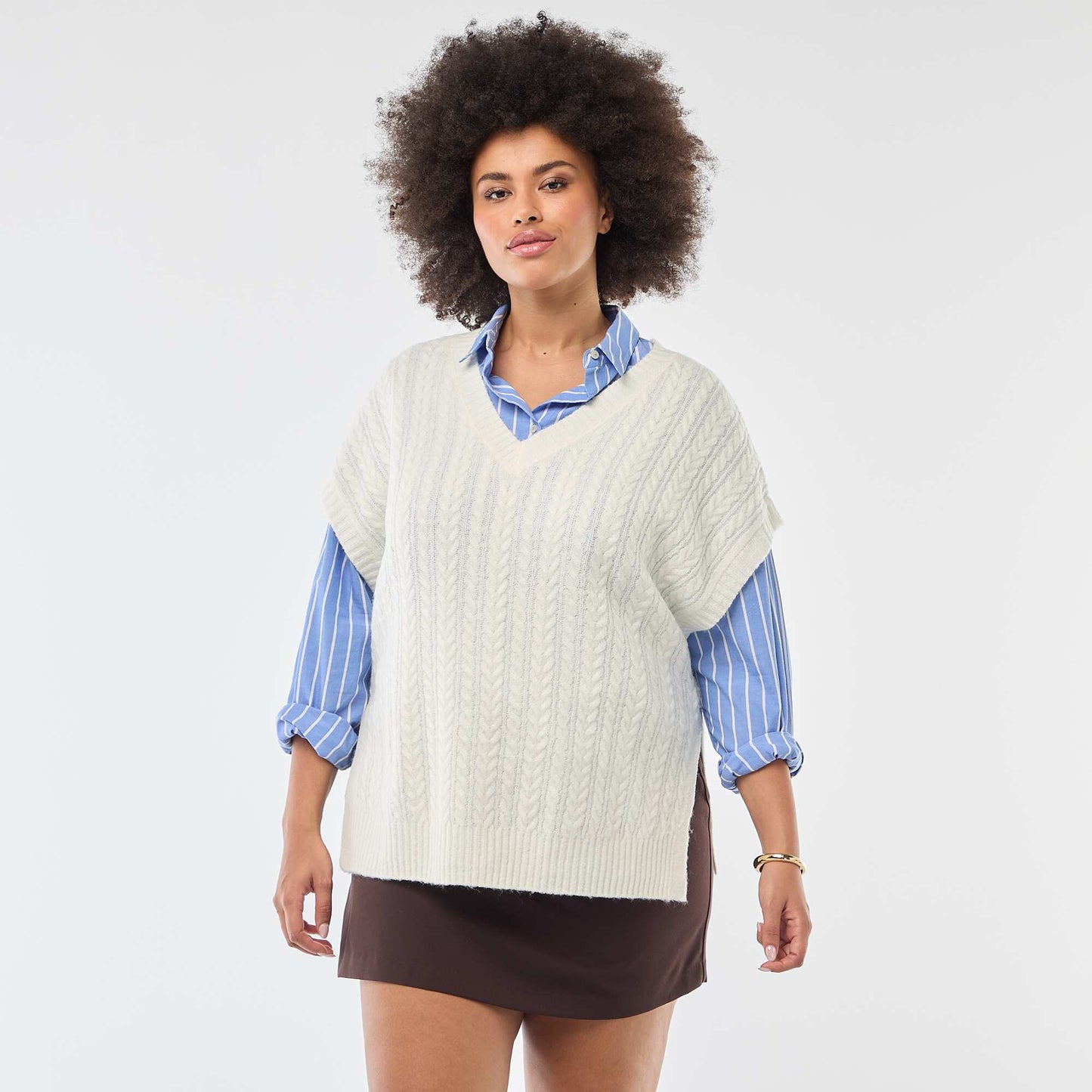 Pull sans manches en maille torsade grosse jauge BLANC