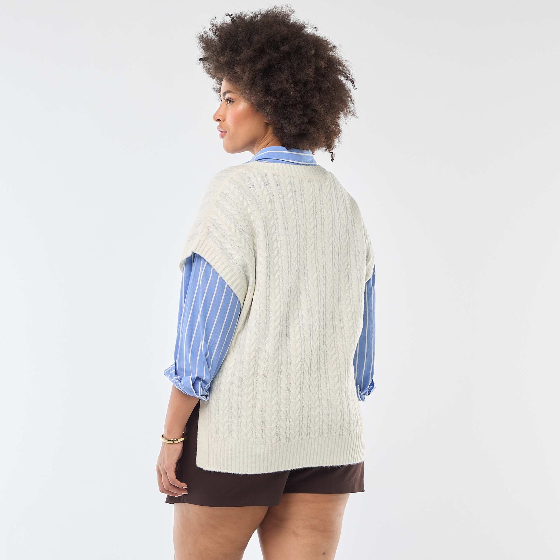 Pull sans manches en maille torsade grosse jauge BLANC