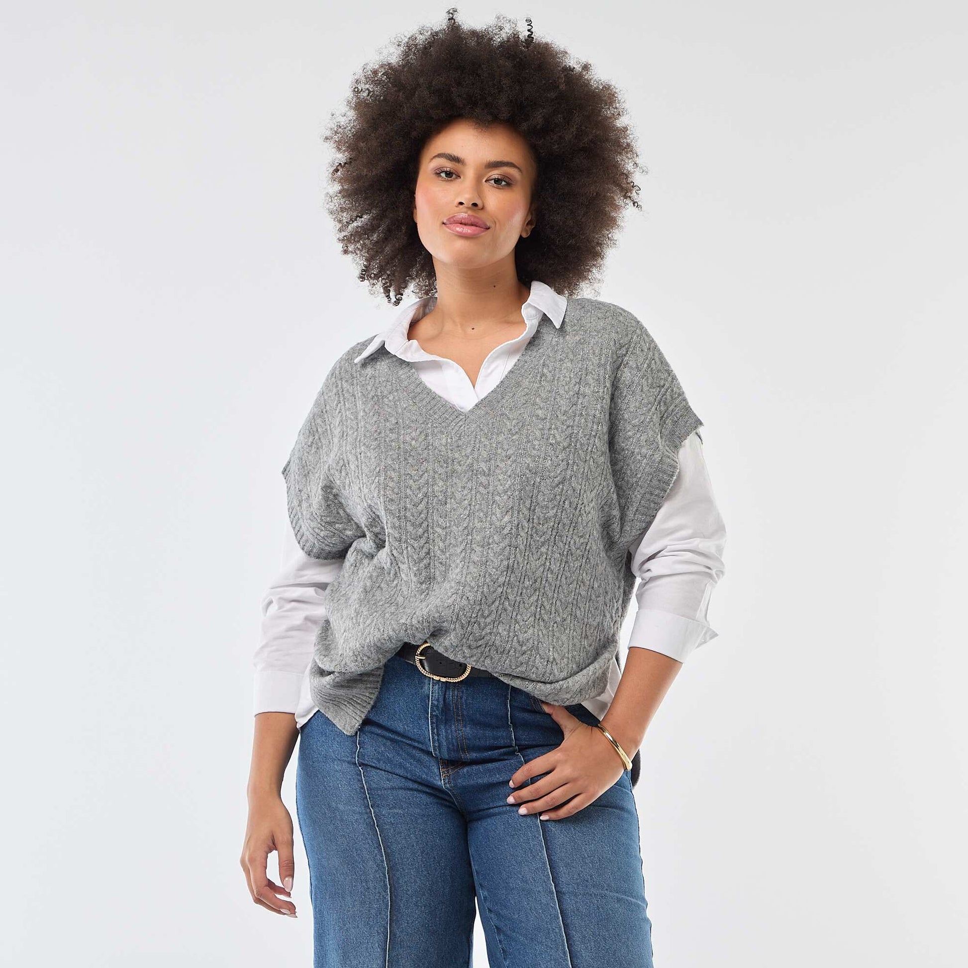 Pull sans manches en maille torsade grosse jauge GRIS
