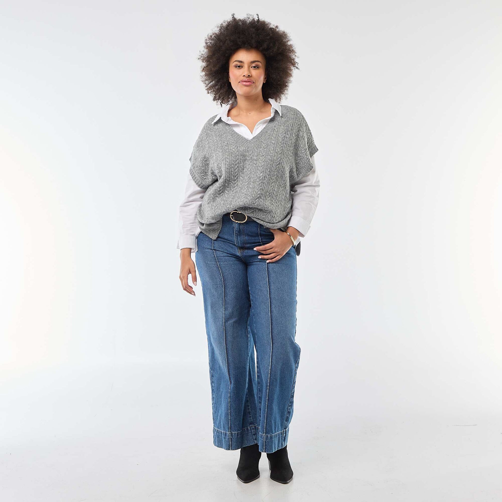 Pull sans manches en maille torsade grosse jauge GRIS