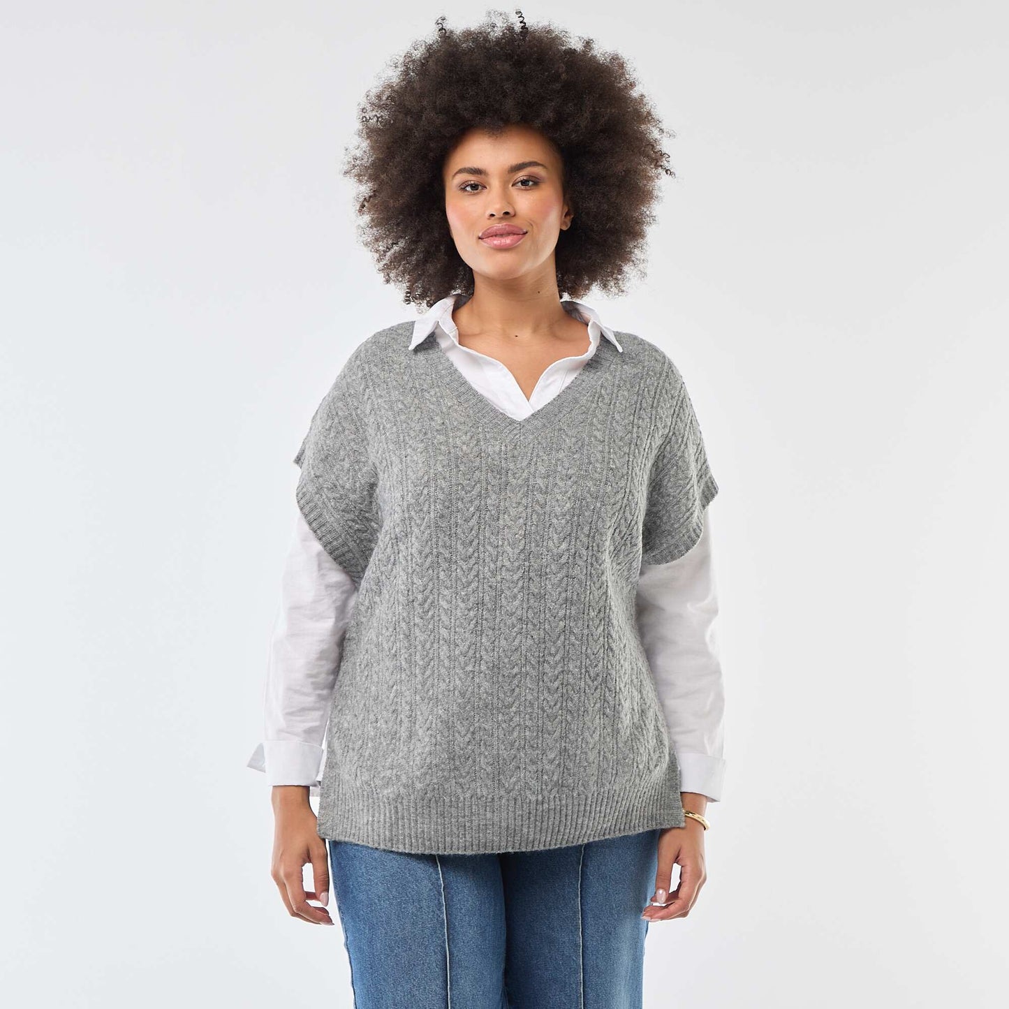 Pull sans manches en maille torsade grosse jauge GRIS