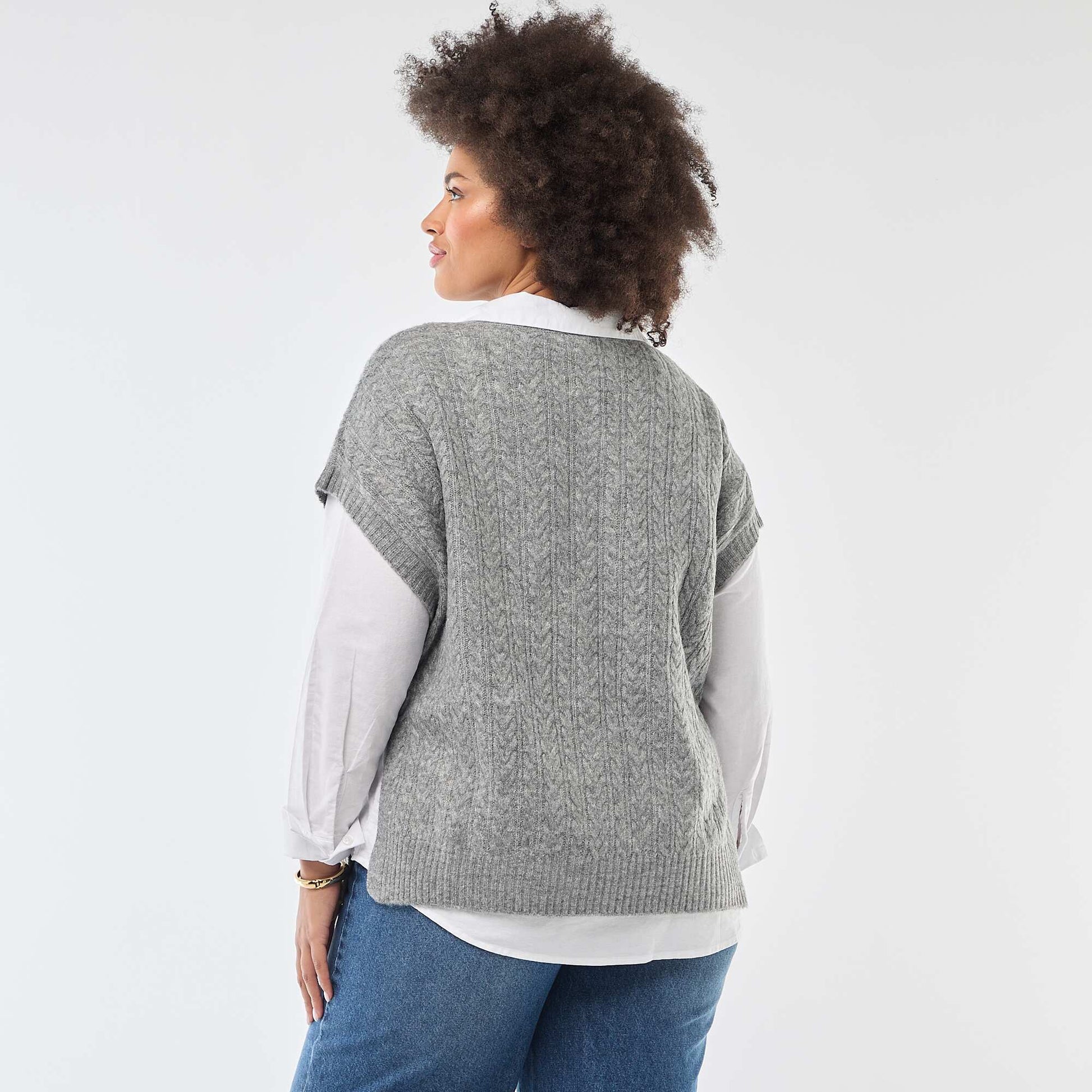 Pull sans manches en maille torsade grosse jauge GRIS