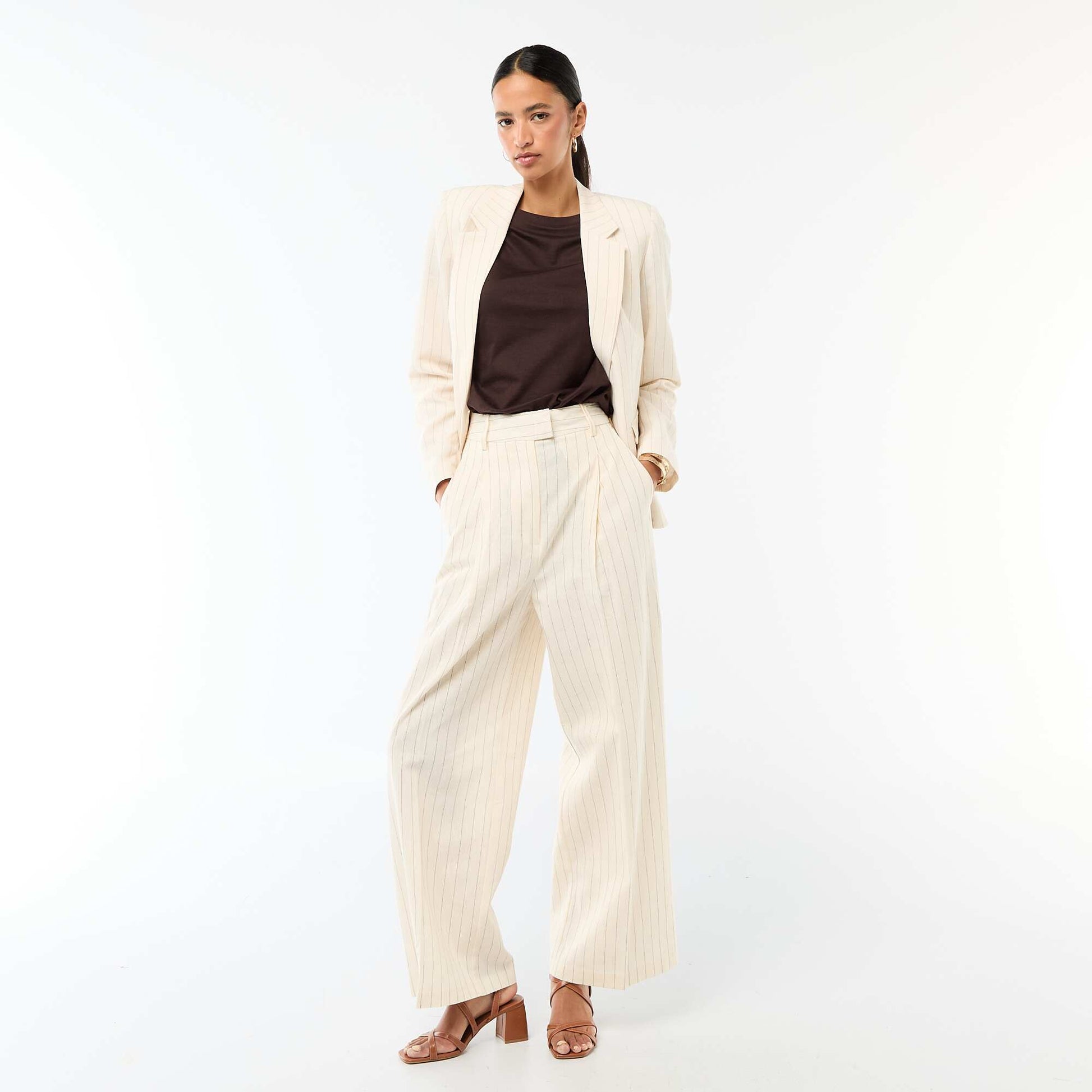 Pantalon large de cérémonie en lin mélangé BEIGE