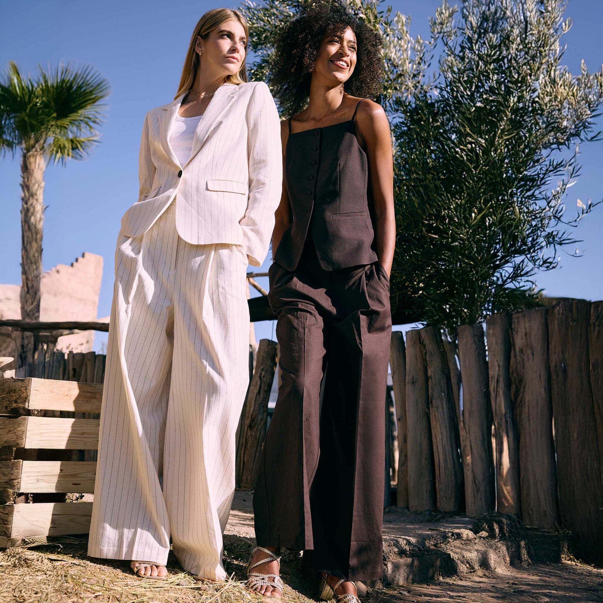 Pantalon large de cérémonie en lin mélangé BEIGE