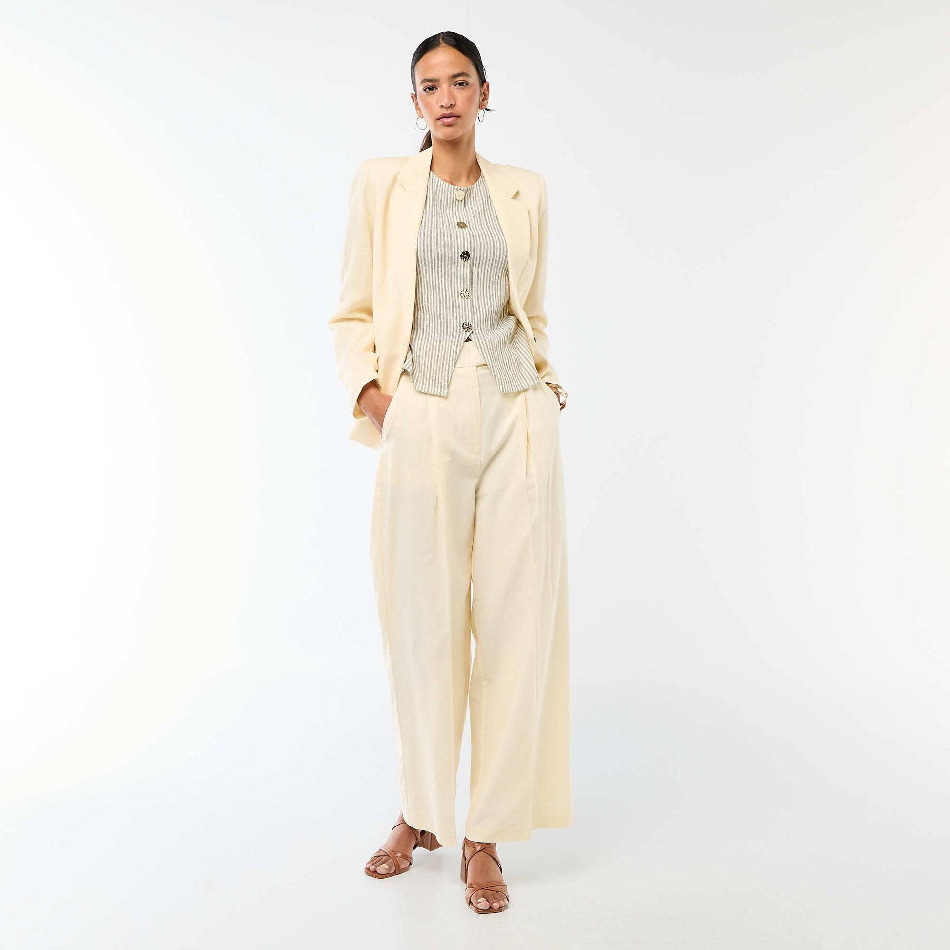 Pantalon large de cérémonie en lin mélangé BEIGE