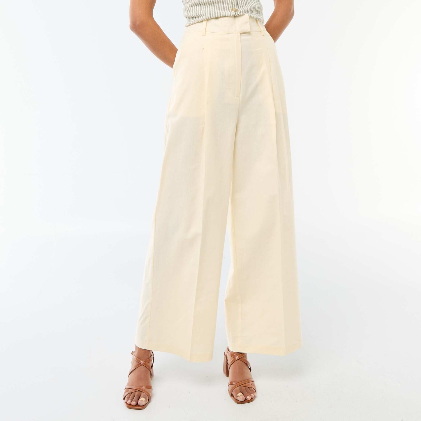 Pantalon large de cérémonie en lin mélangé BEIGE