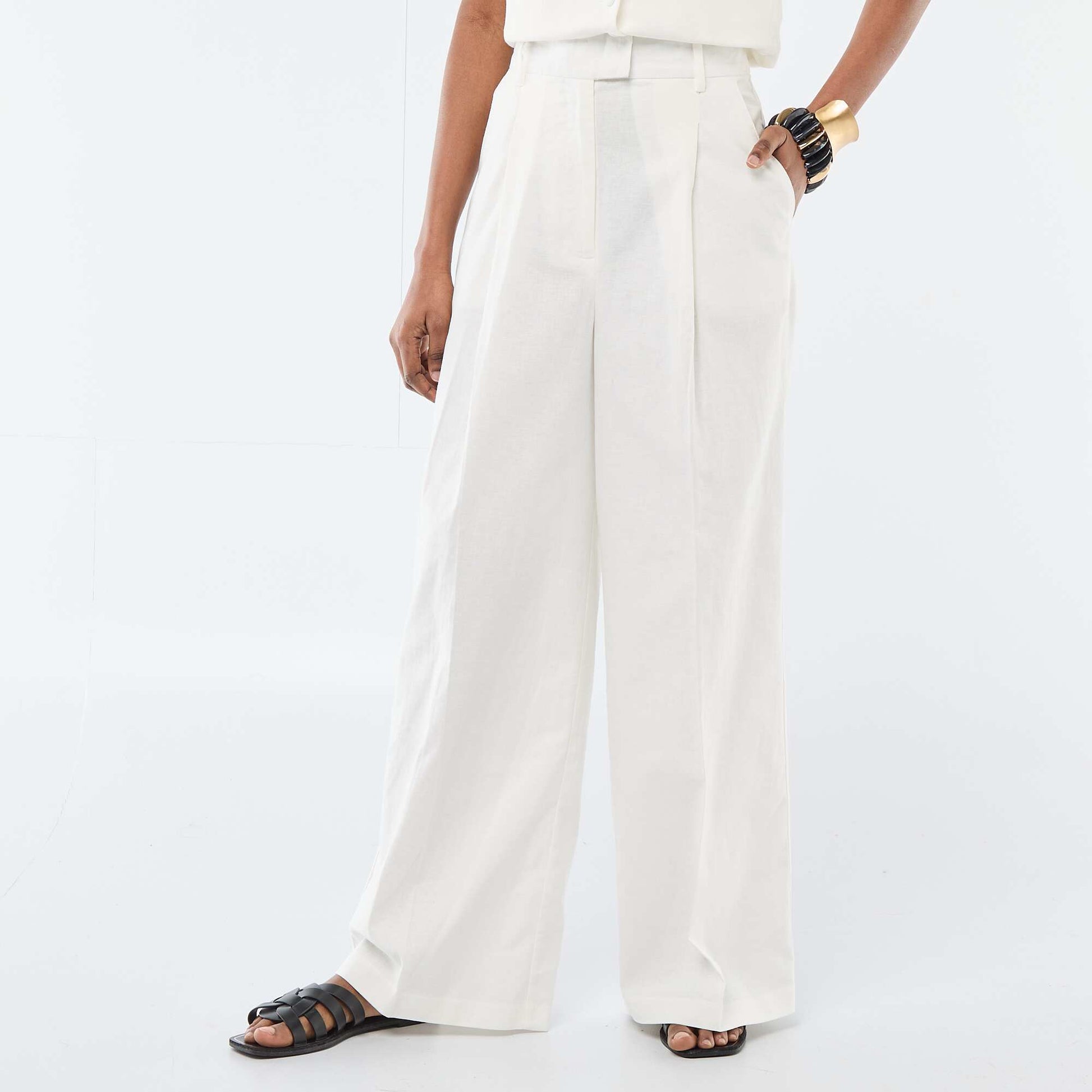 Pantalon large de cérémonie en lin mélangé BLANC