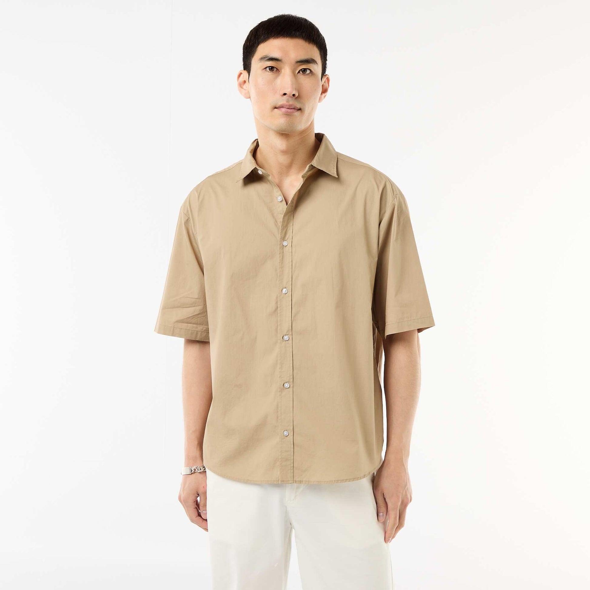 Chemise à manches courtes en popeline BEIGE