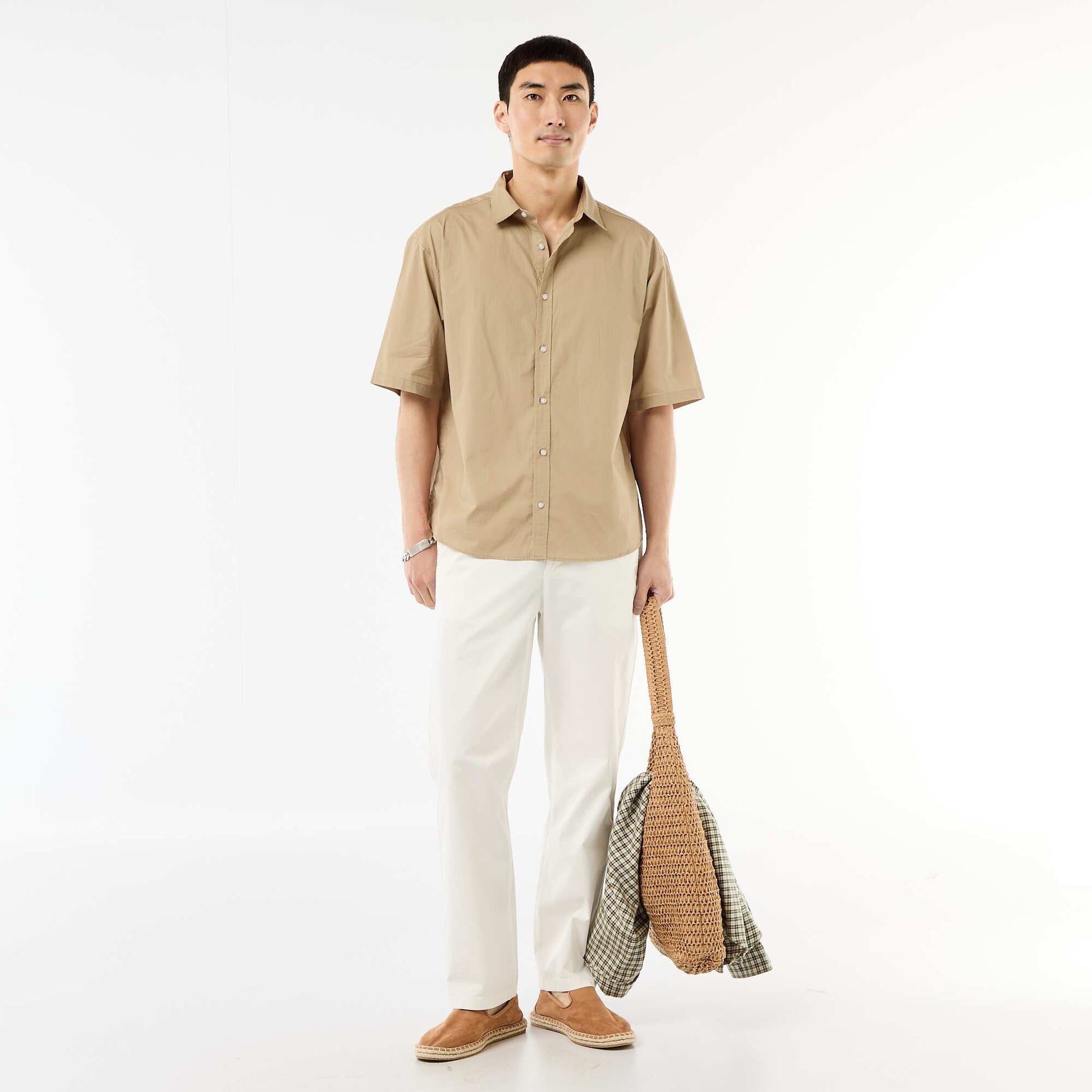 Chemise à manches courtes en popeline BEIGE