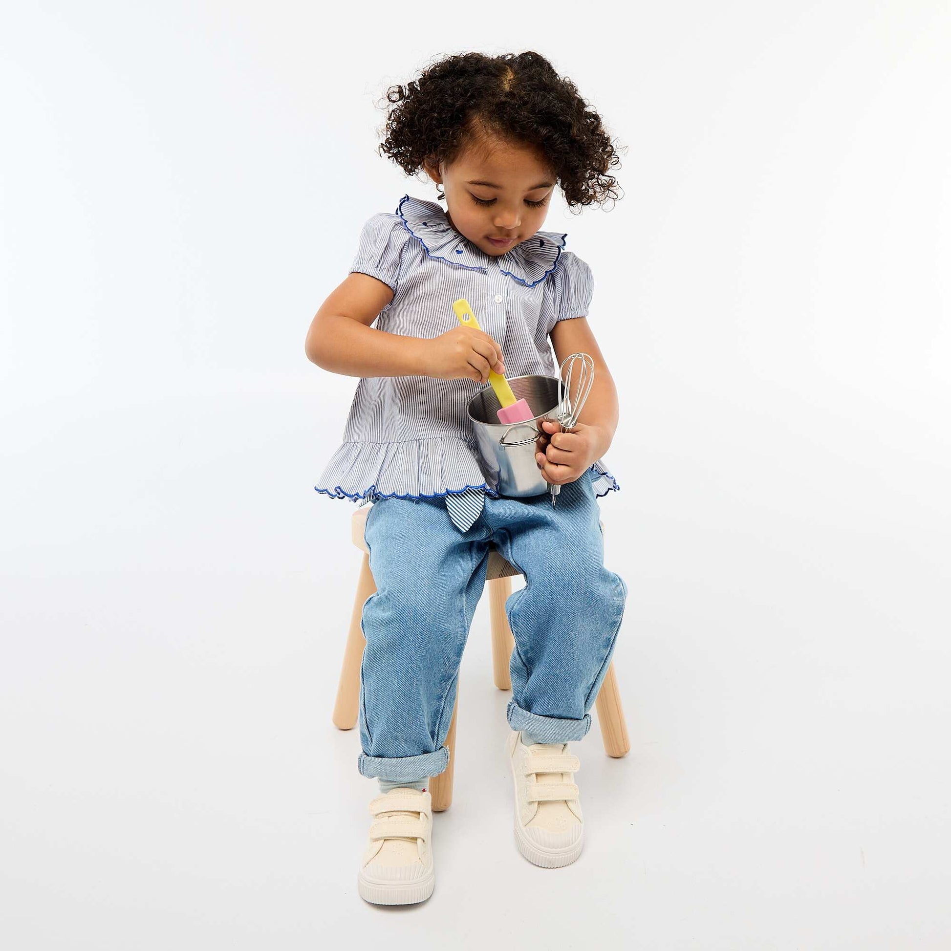 Robe rayée à manches courtes et base volantée BLEU
