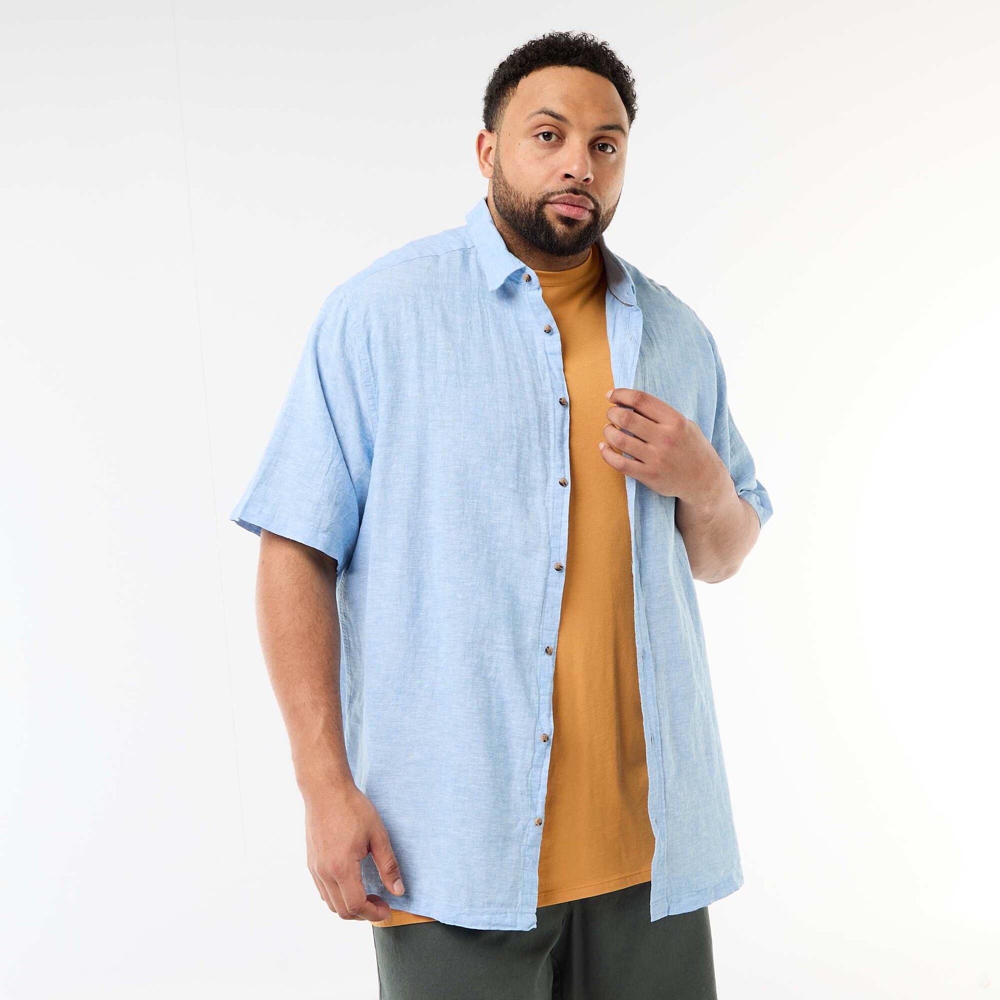 Chemise manches courtes en lin mélangé BLEU