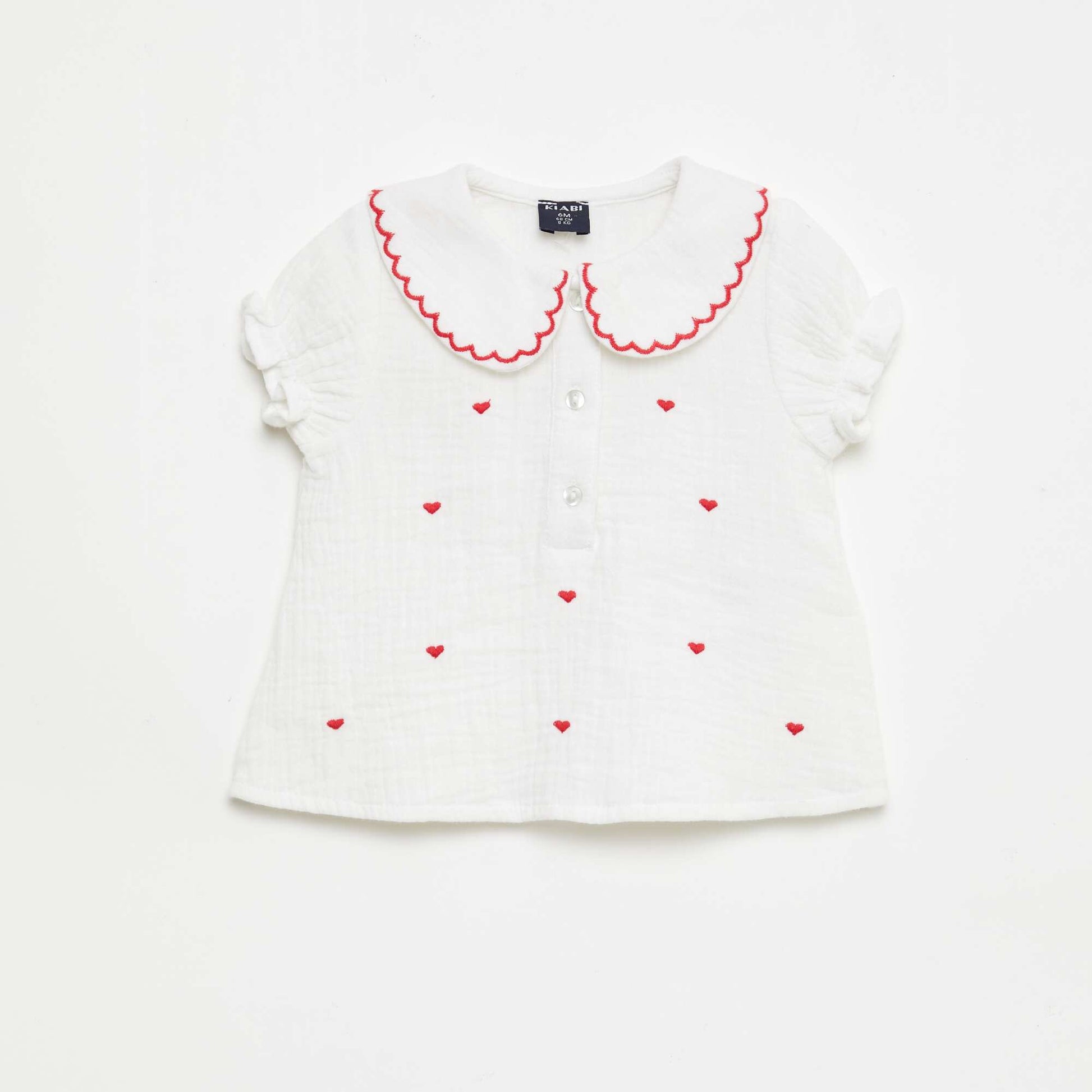 Blouse col Claudine et broderies 'cœurs' BLANC