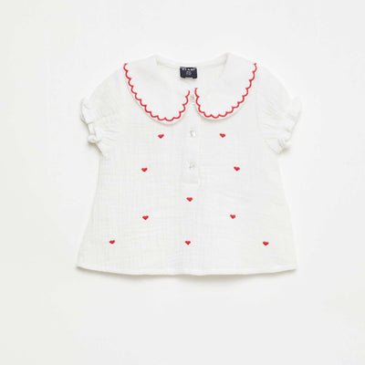 Blouse col Claudine et broderies 'cœurs' BLANC