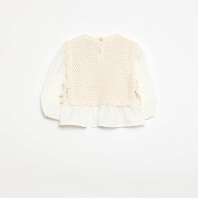 Pull 2 en 1 maille tricot + double gaze de coton BEIGE