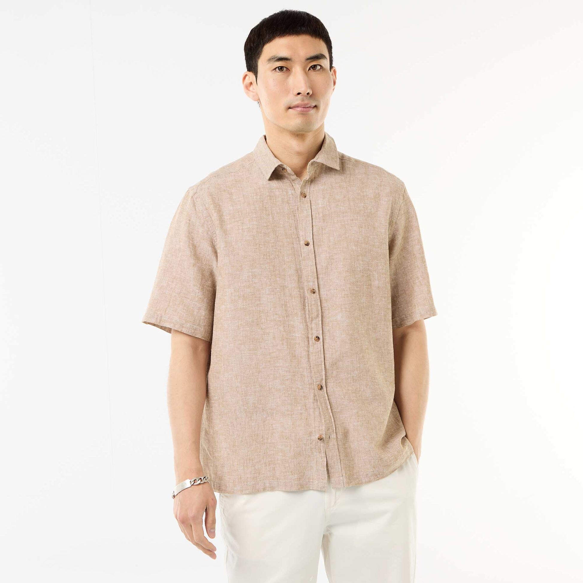 Chemise à manches courtes en lin mélangé BEIGE