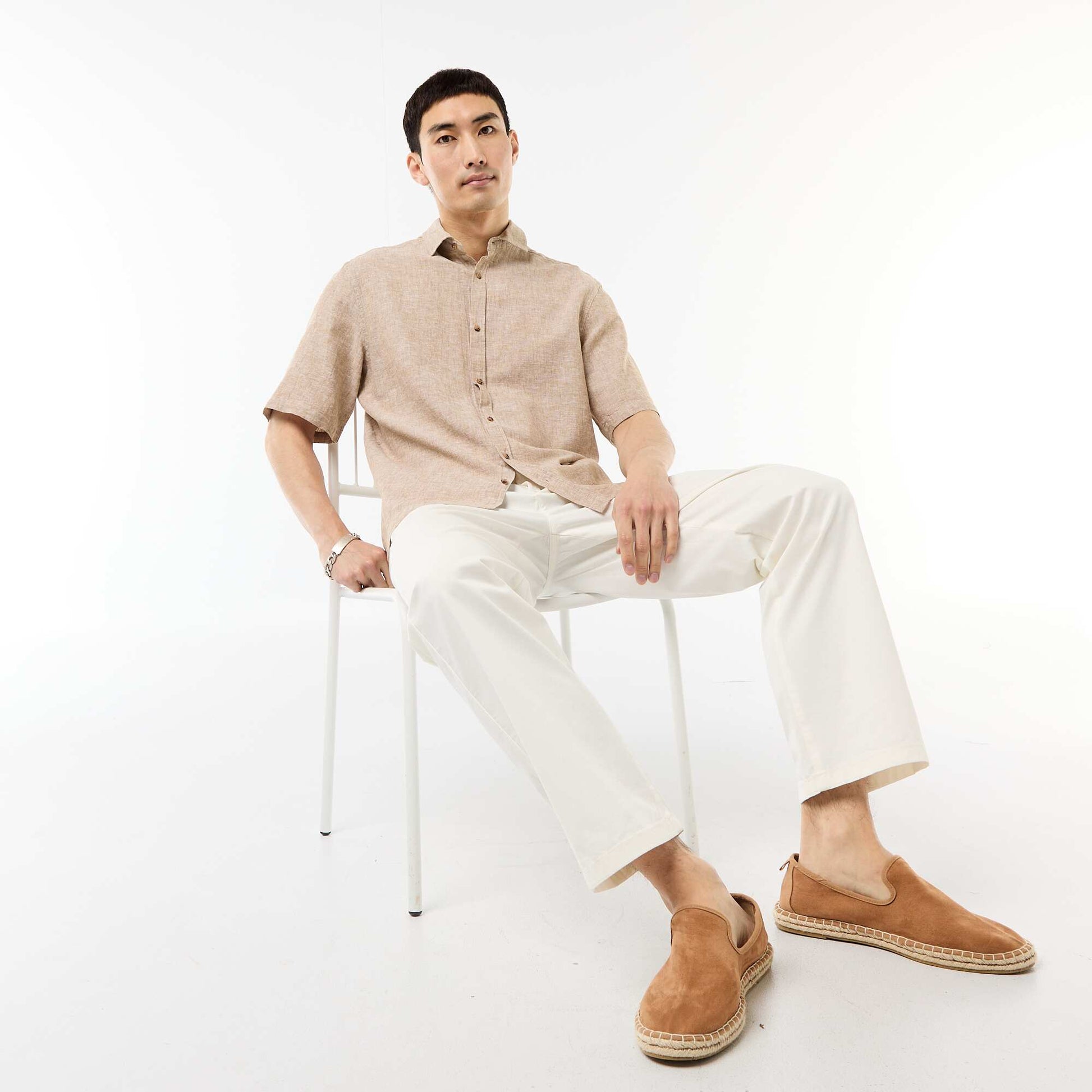 Chemise à manches courtes en lin mélangé BEIGE
