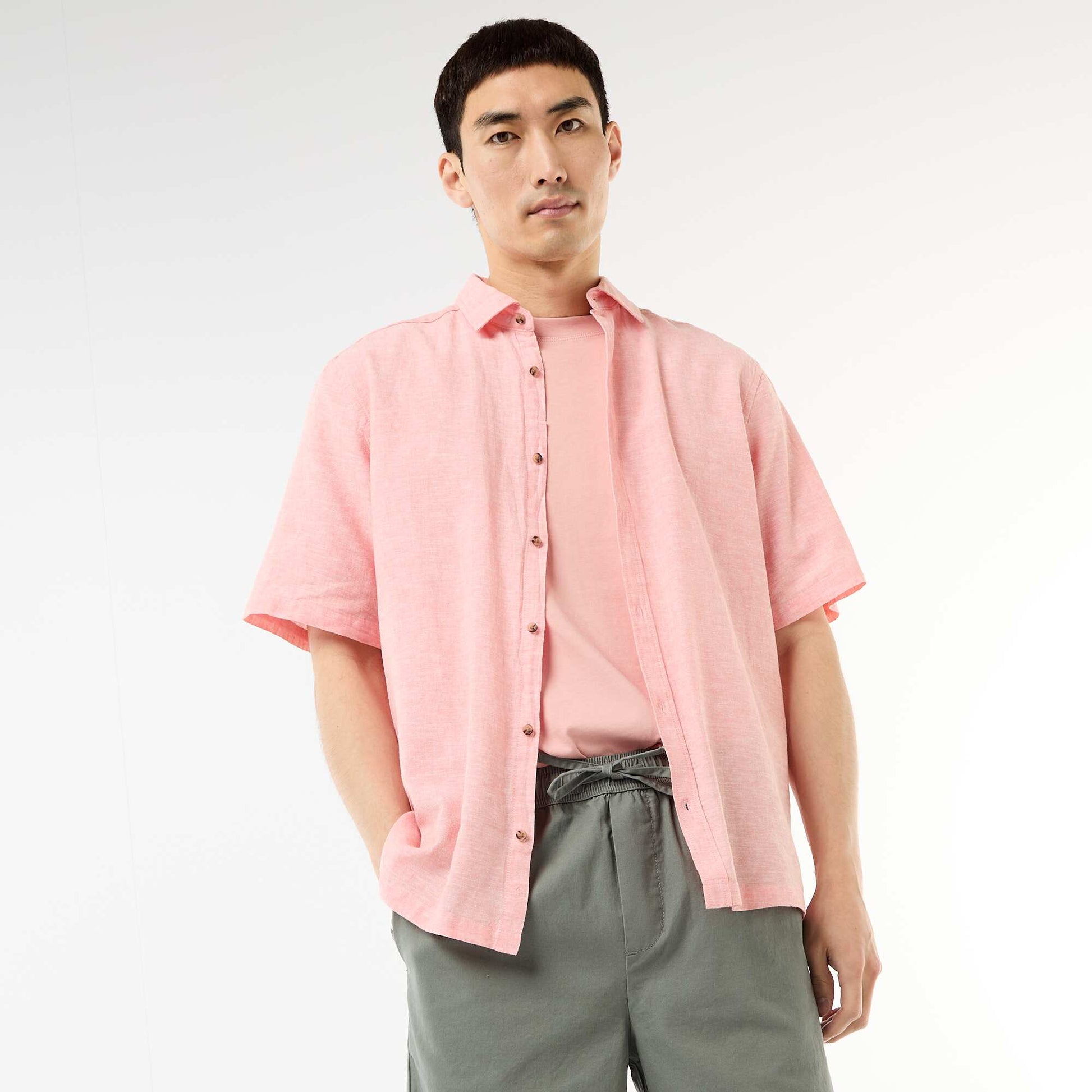 Chemise à manches courtes en lin mélangé ROSE PâLE