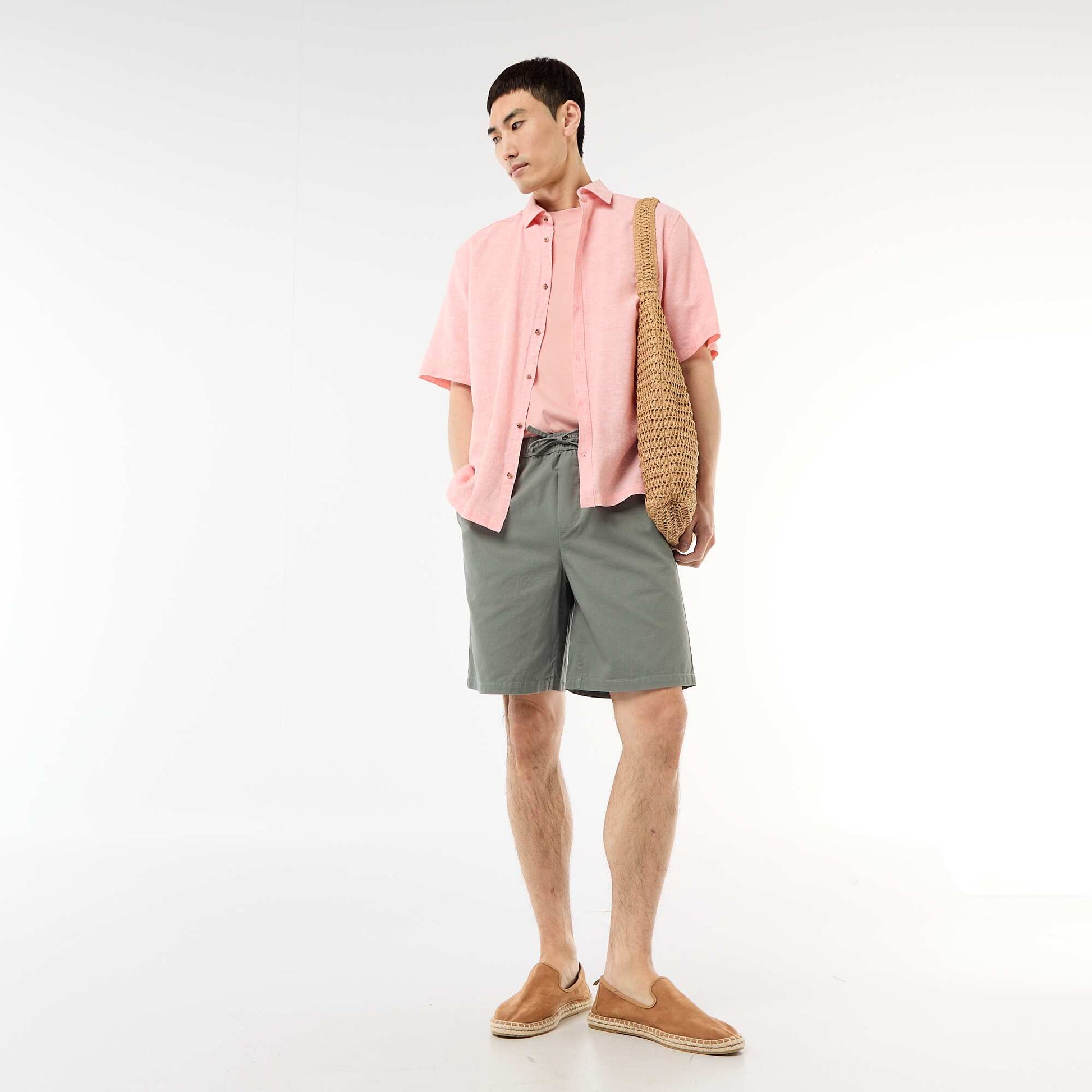 Chemise à manches courtes en lin mélangé ROSE PâLE