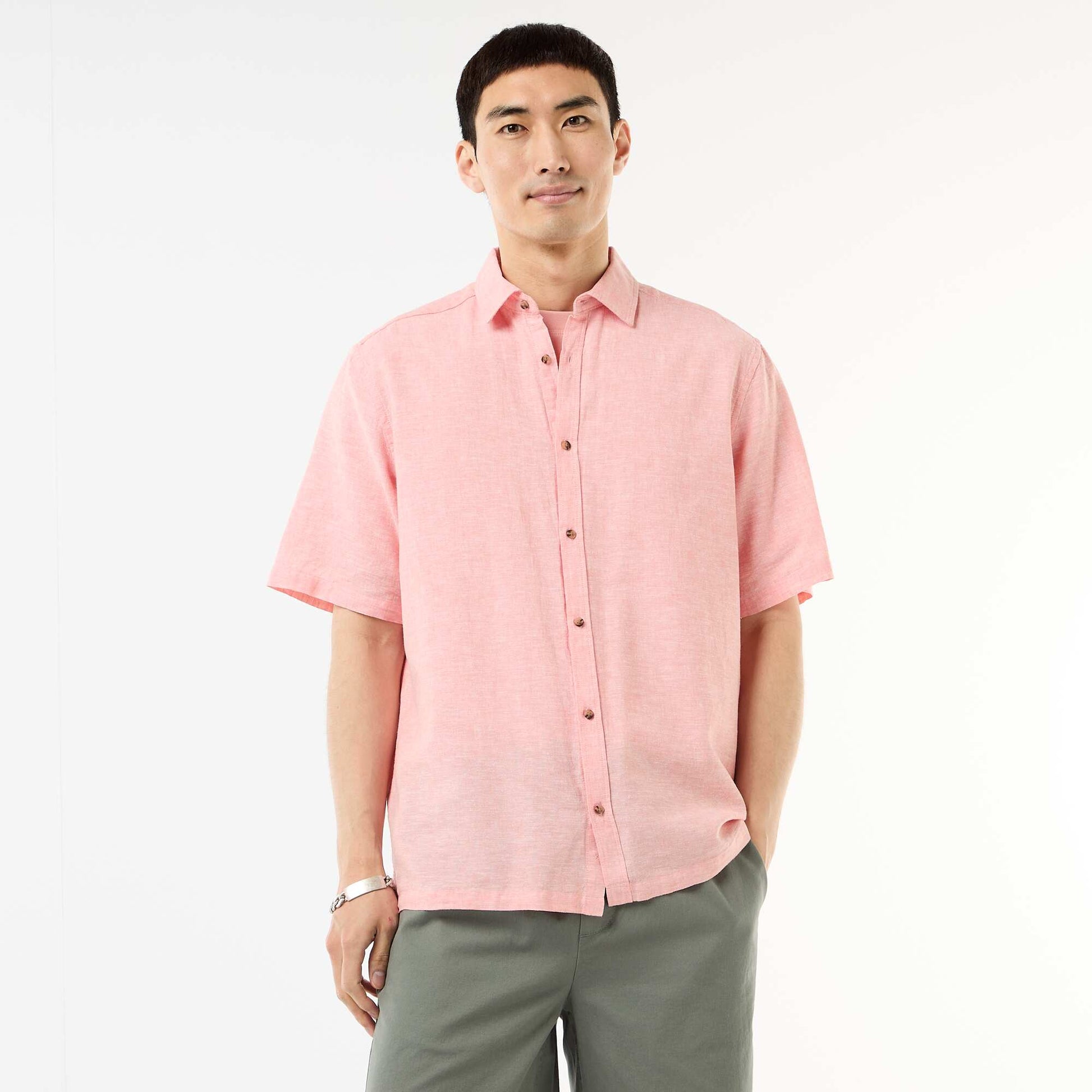 Chemise à manches courtes en lin mélangé ROSE PâLE