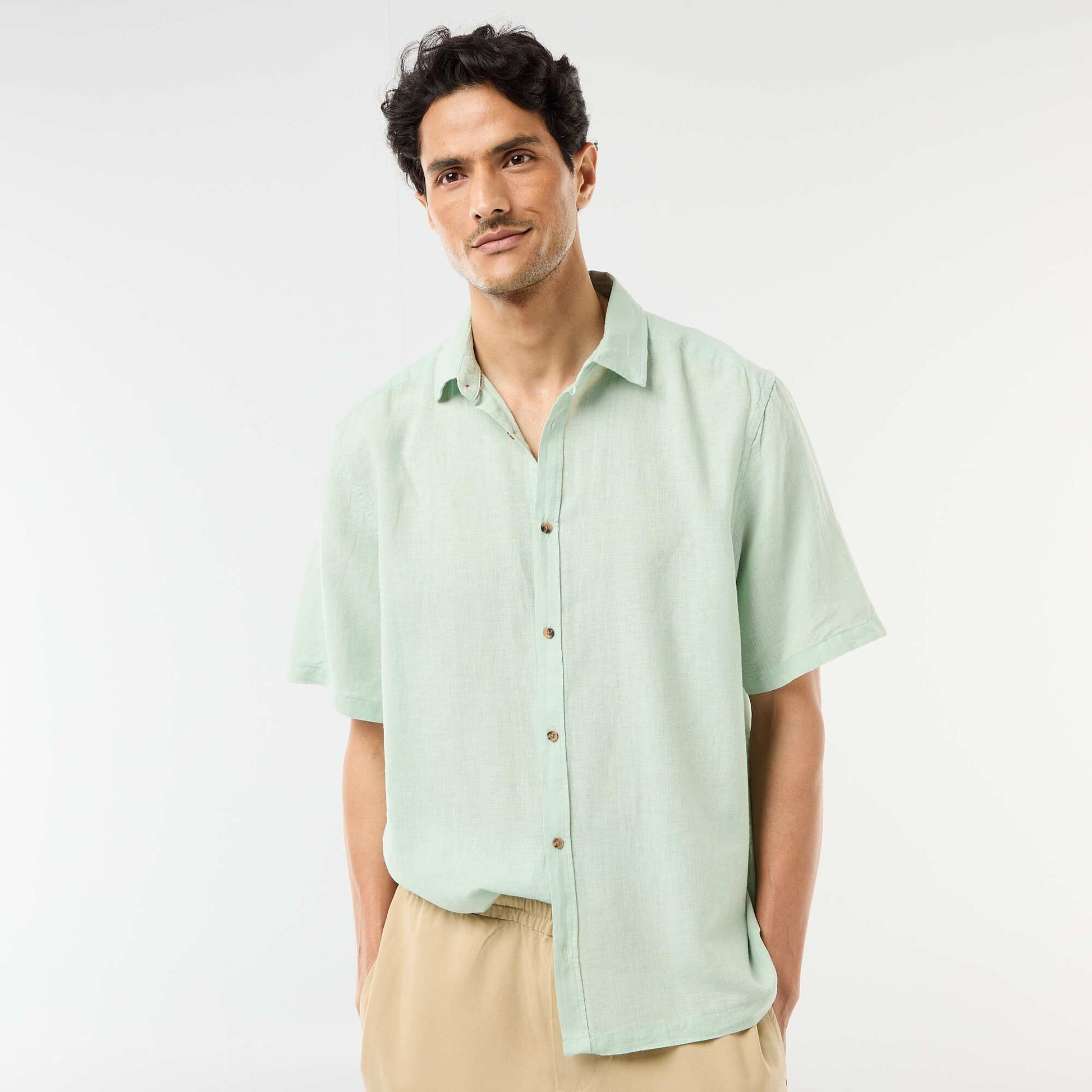 Chemise à manches courtes en lin mélangé BLEU