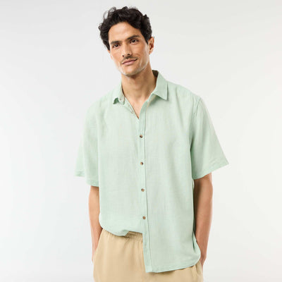 Chemise à manches courtes en lin mélangé BLEU