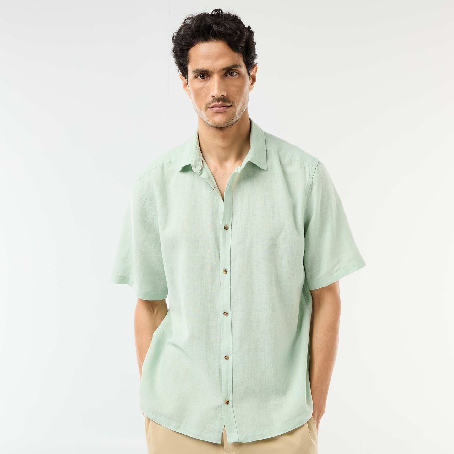 Chemise à manches courtes en lin mélangé BLEU