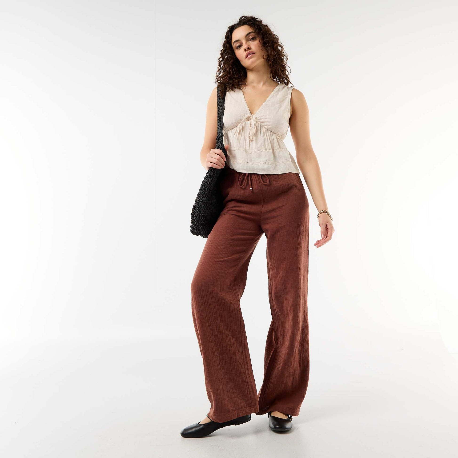 Pantalon large en gaze de coton MARRON