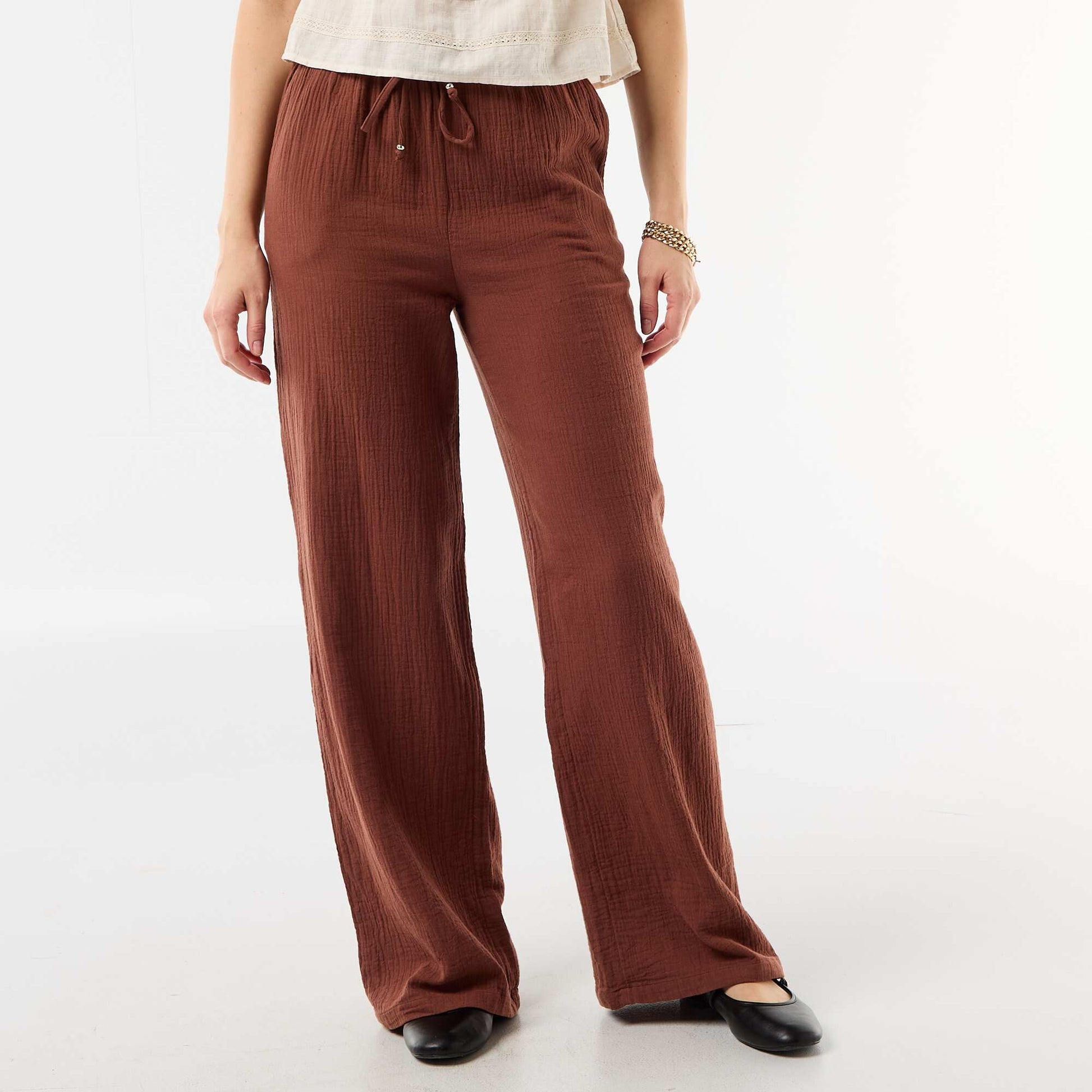 Pantalon large en gaze de coton MARRON
