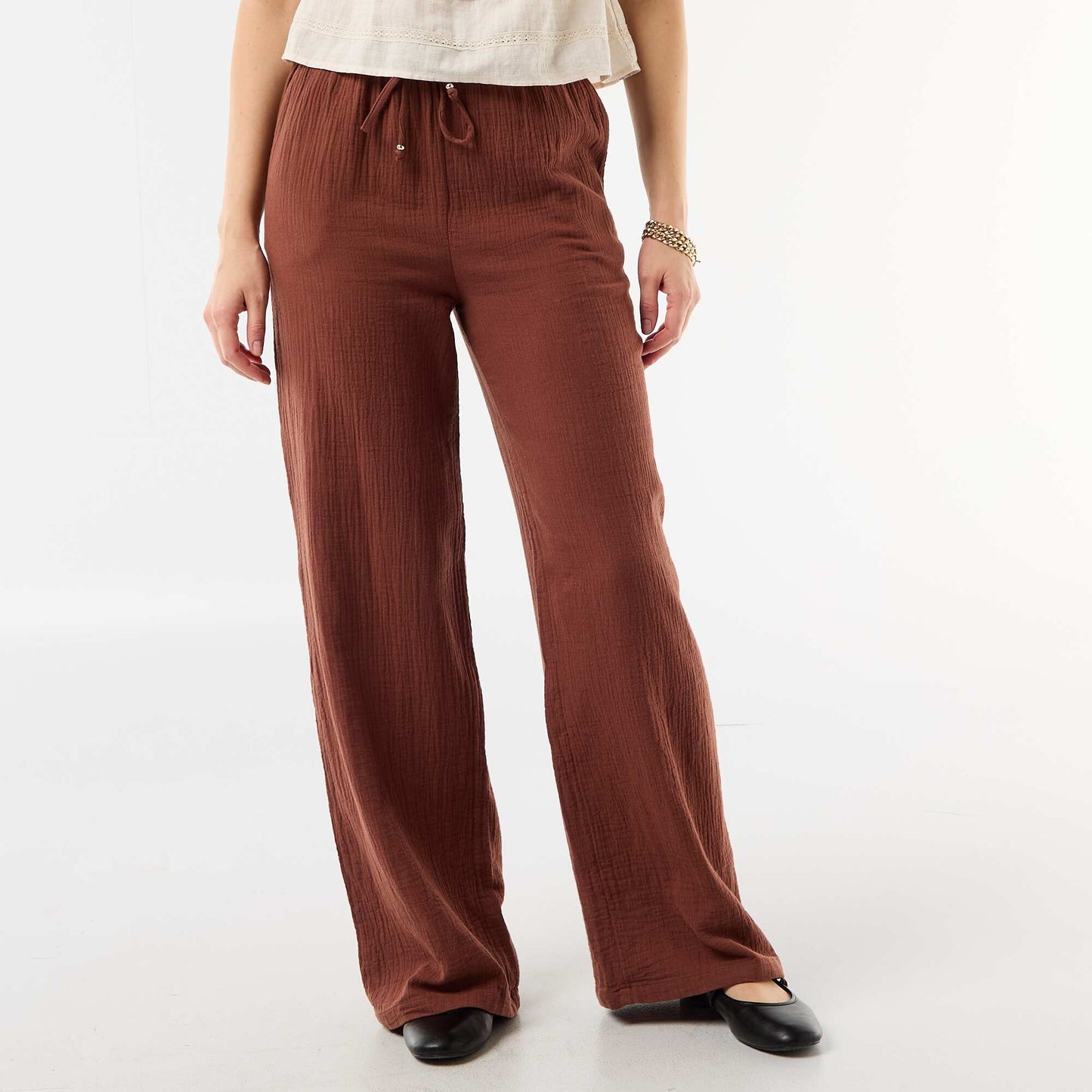 Pantalon large en gaze de coton MARRON
