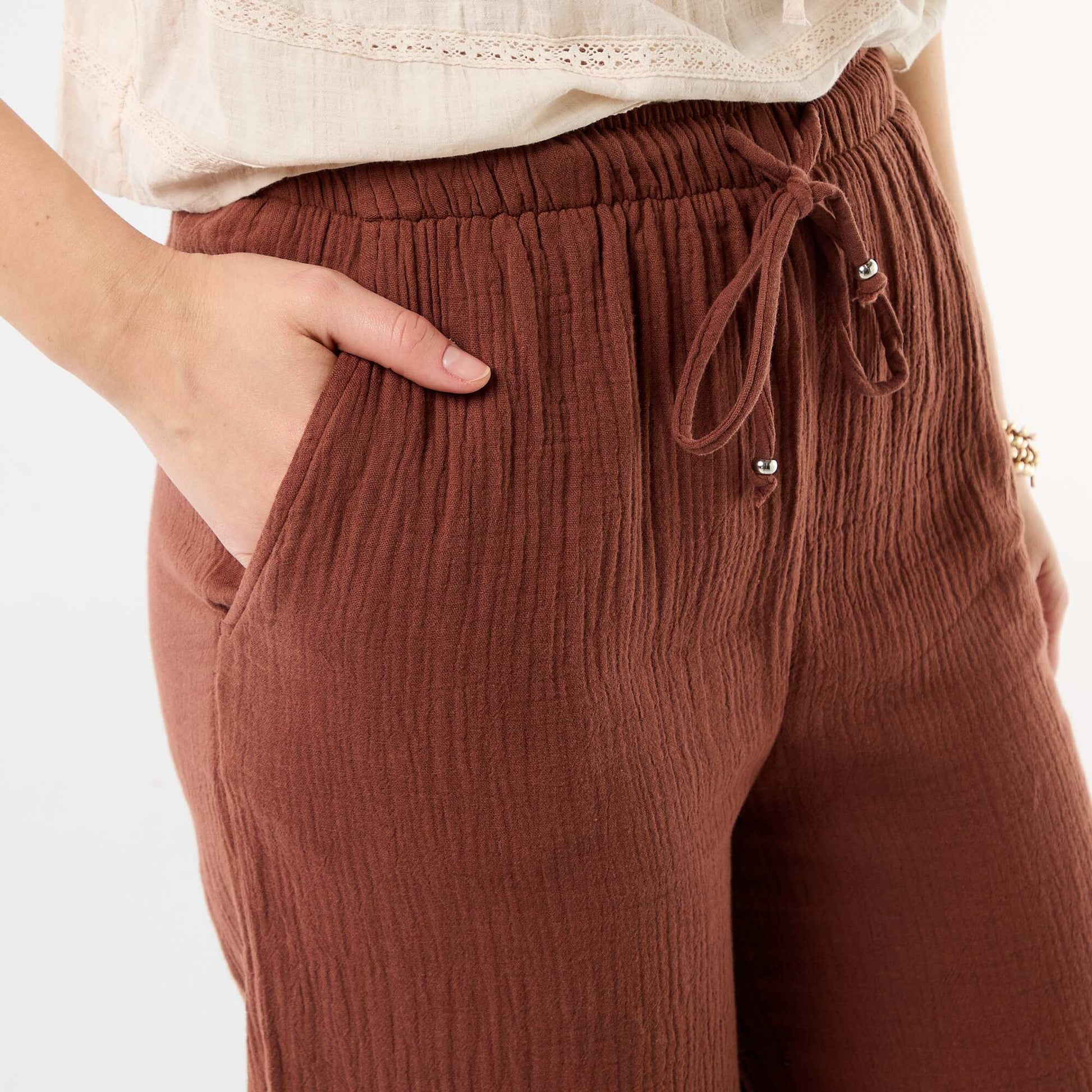 Pantalon large en gaze de coton MARRON