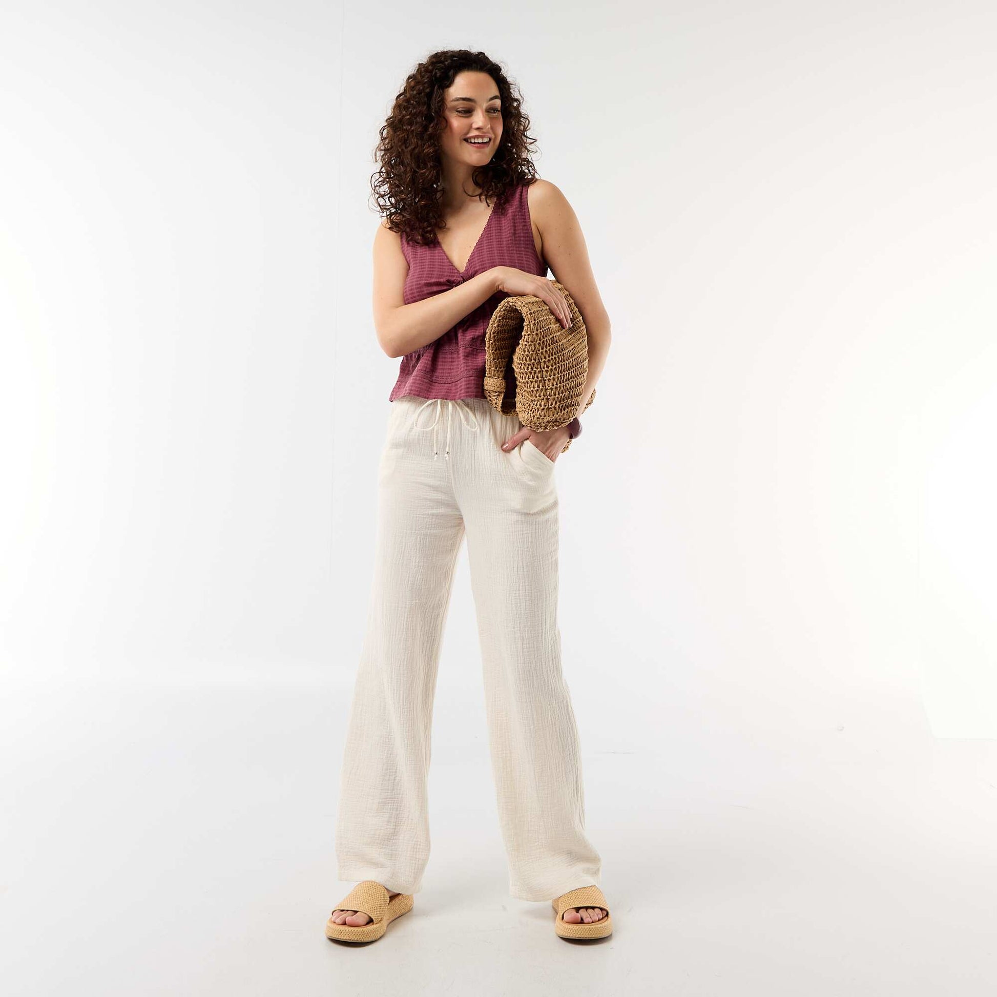 Pantalon large en gaze de coton BLANC