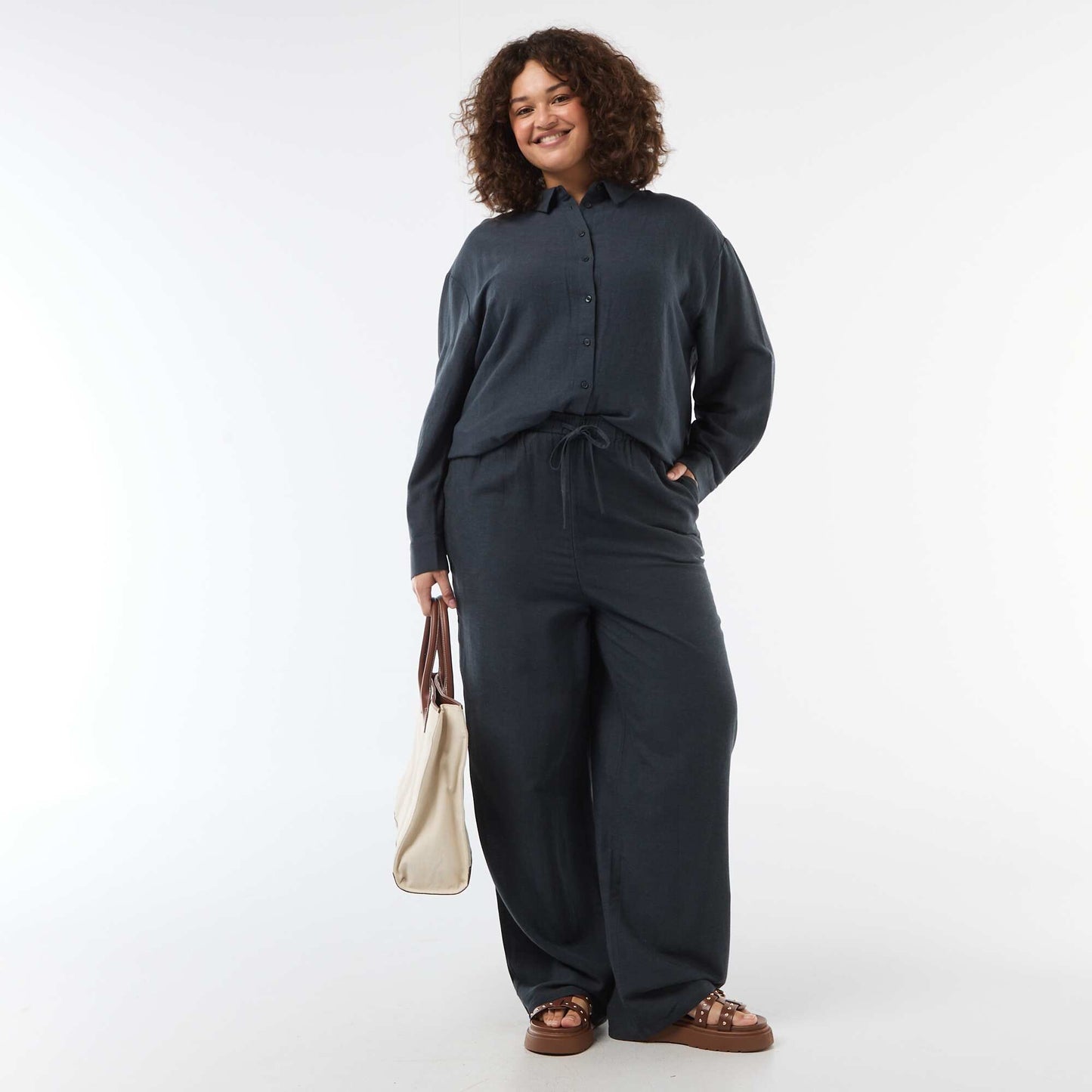 Pantalon droit en lin mélangé BLEU