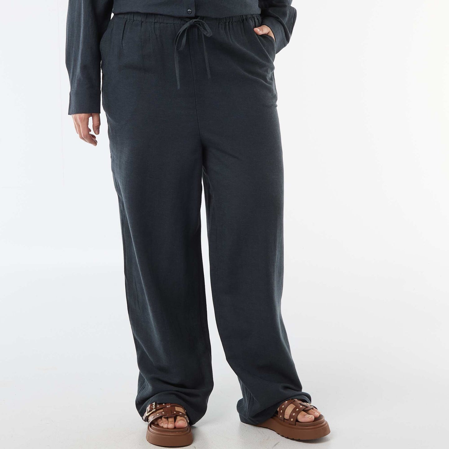 Pantalon droit en lin mélangé BLEU
