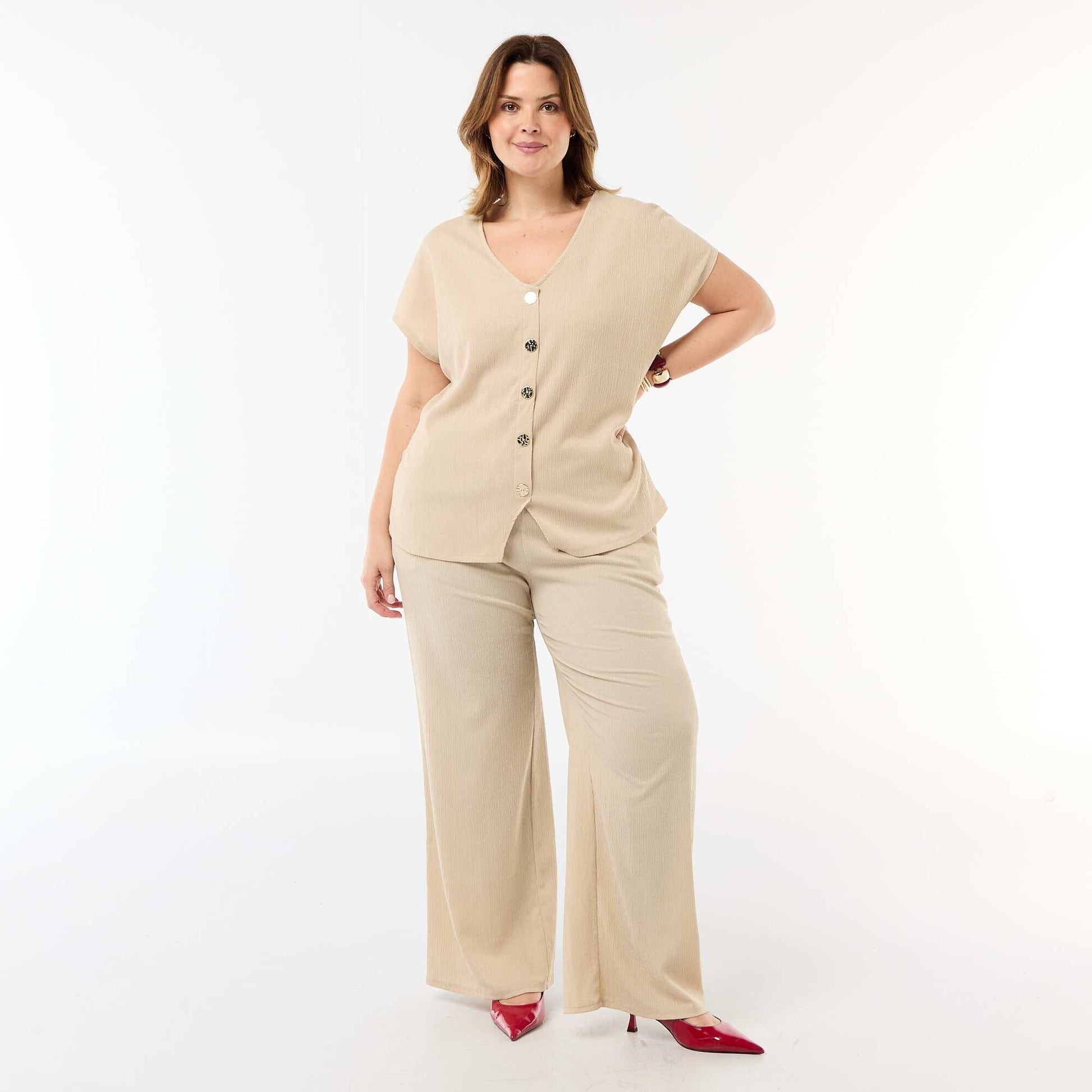 Pantalon large en maille crêpée BEIGE