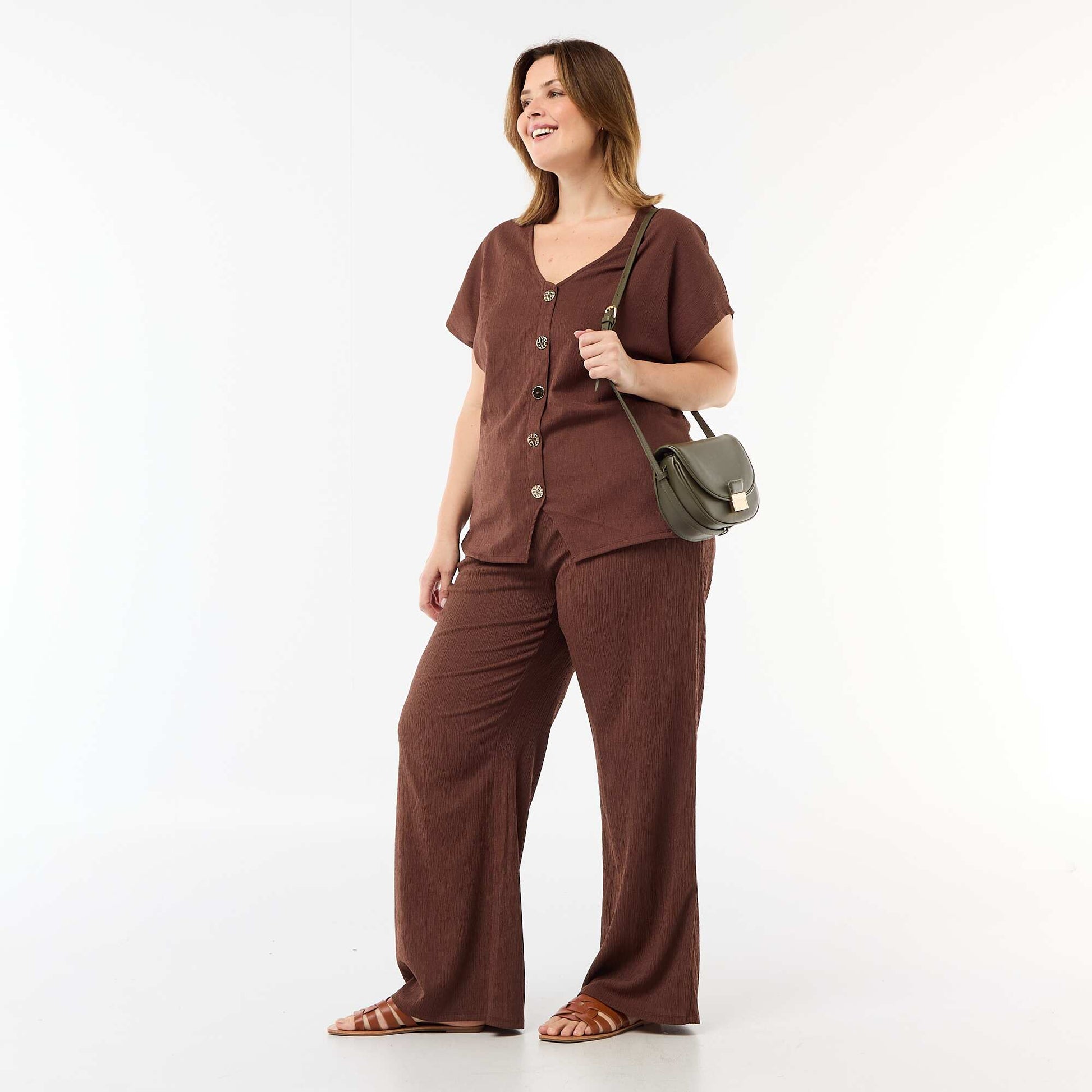 Pantalon large en maille crêpée MARRON