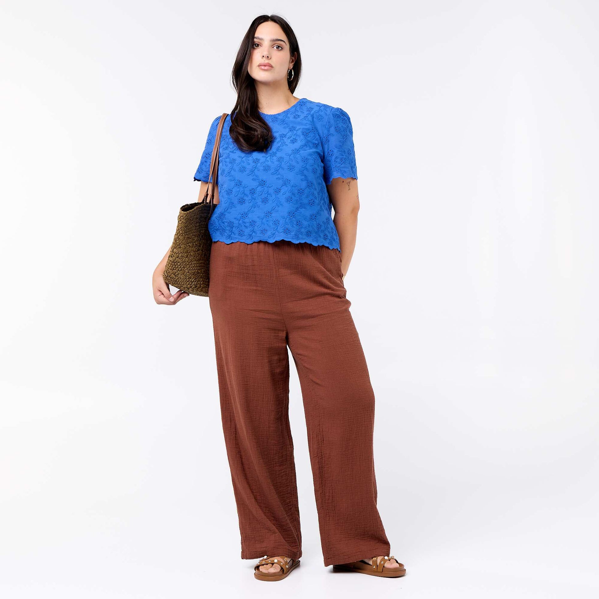 Pantalon large en gaze de coton MARRON