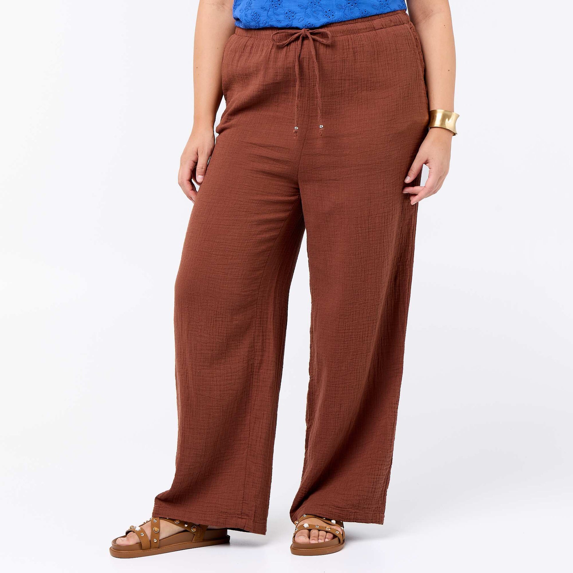 Pantalon large en gaze de coton MARRON