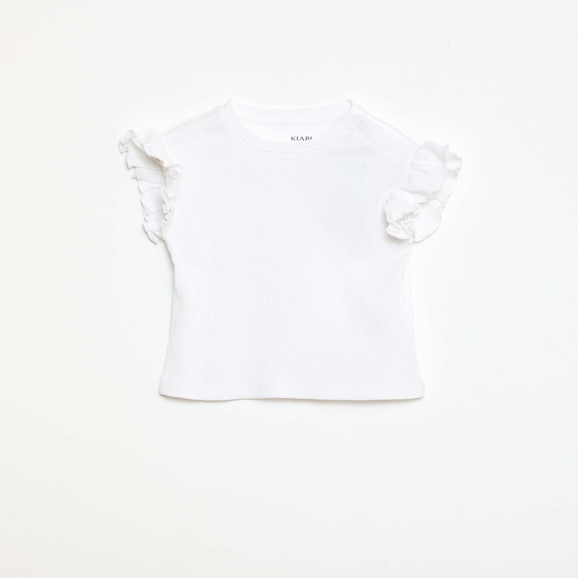 T-shirt côtelé à manches courtes volantées BLANC