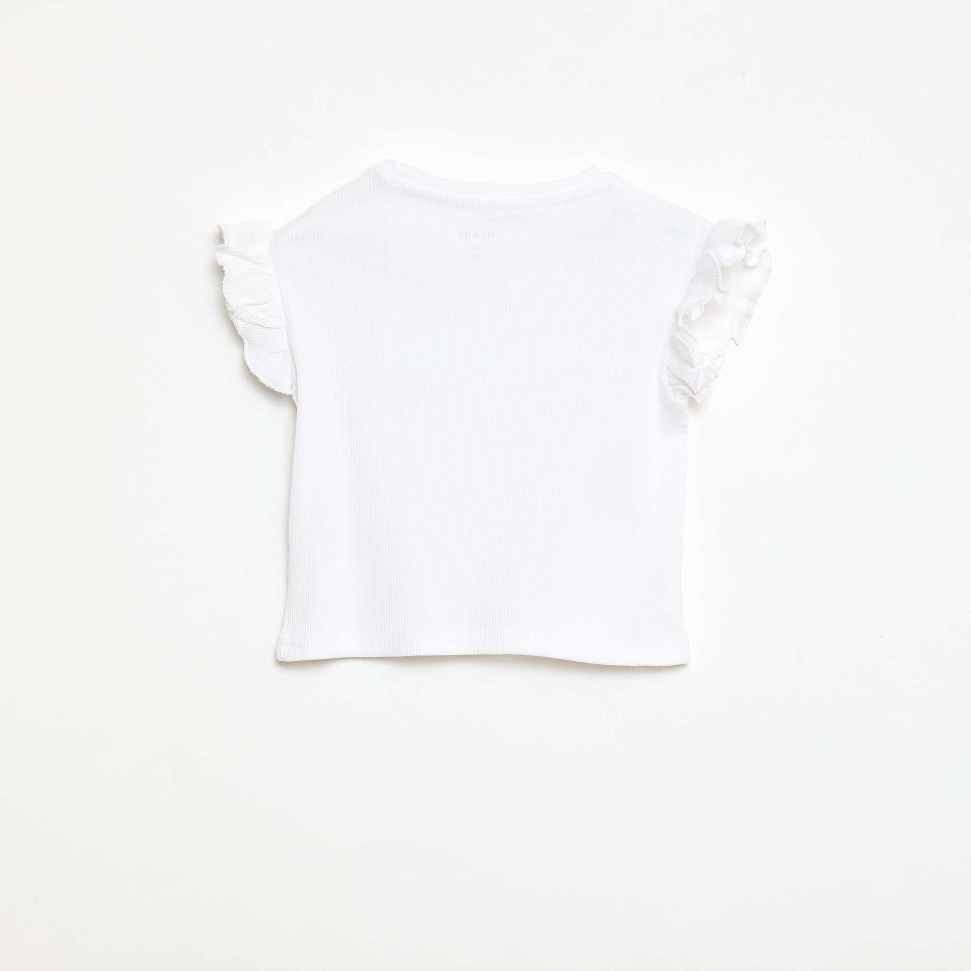 T-shirt côtelé à manches courtes volantées BLANC