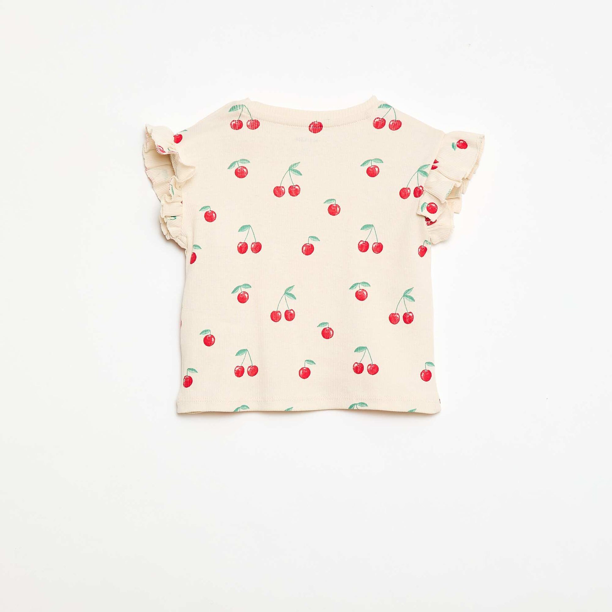T-shirt côtelé à manches courtes volantées BLANC