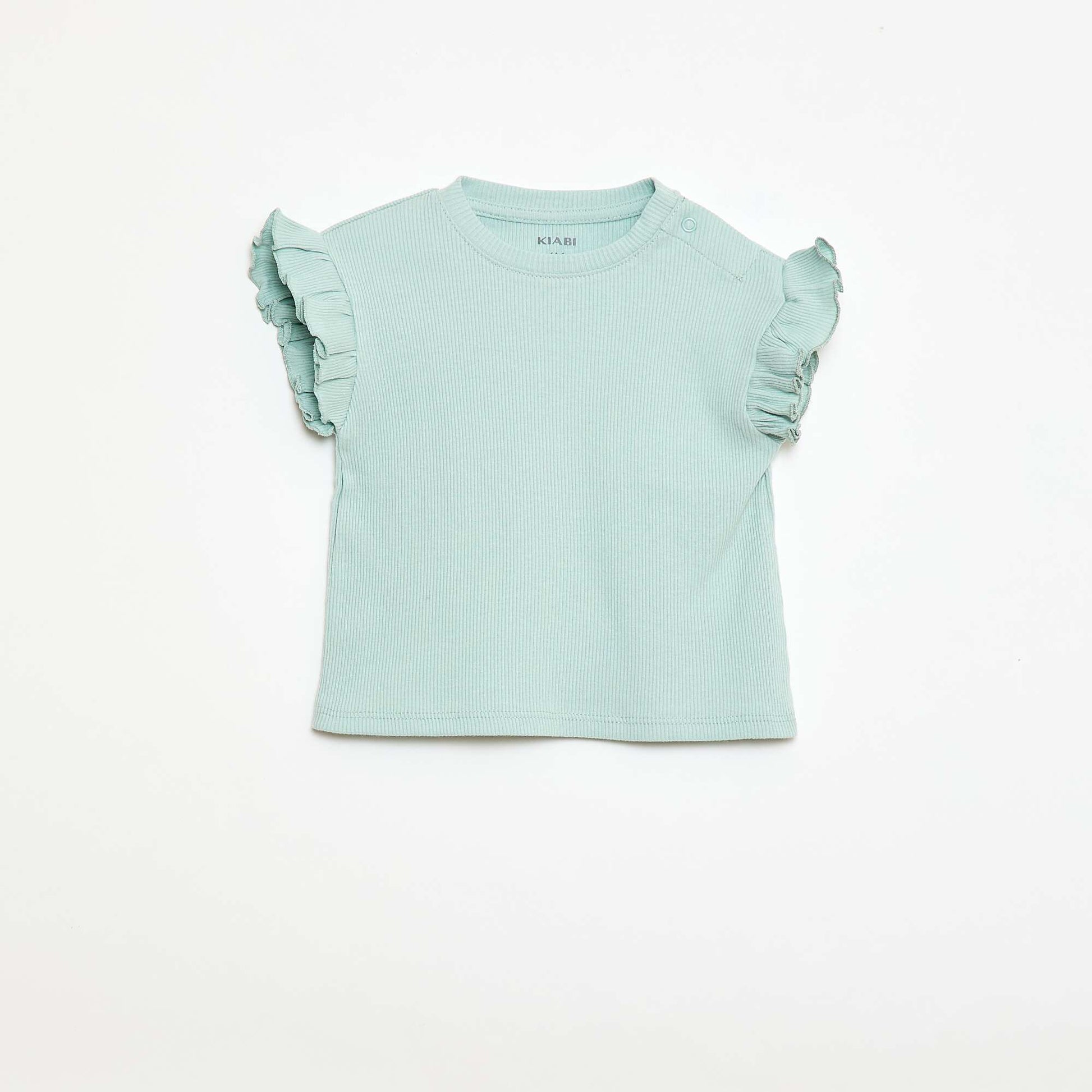 T-shirt côtelé à manches courtes volantées BLEU
