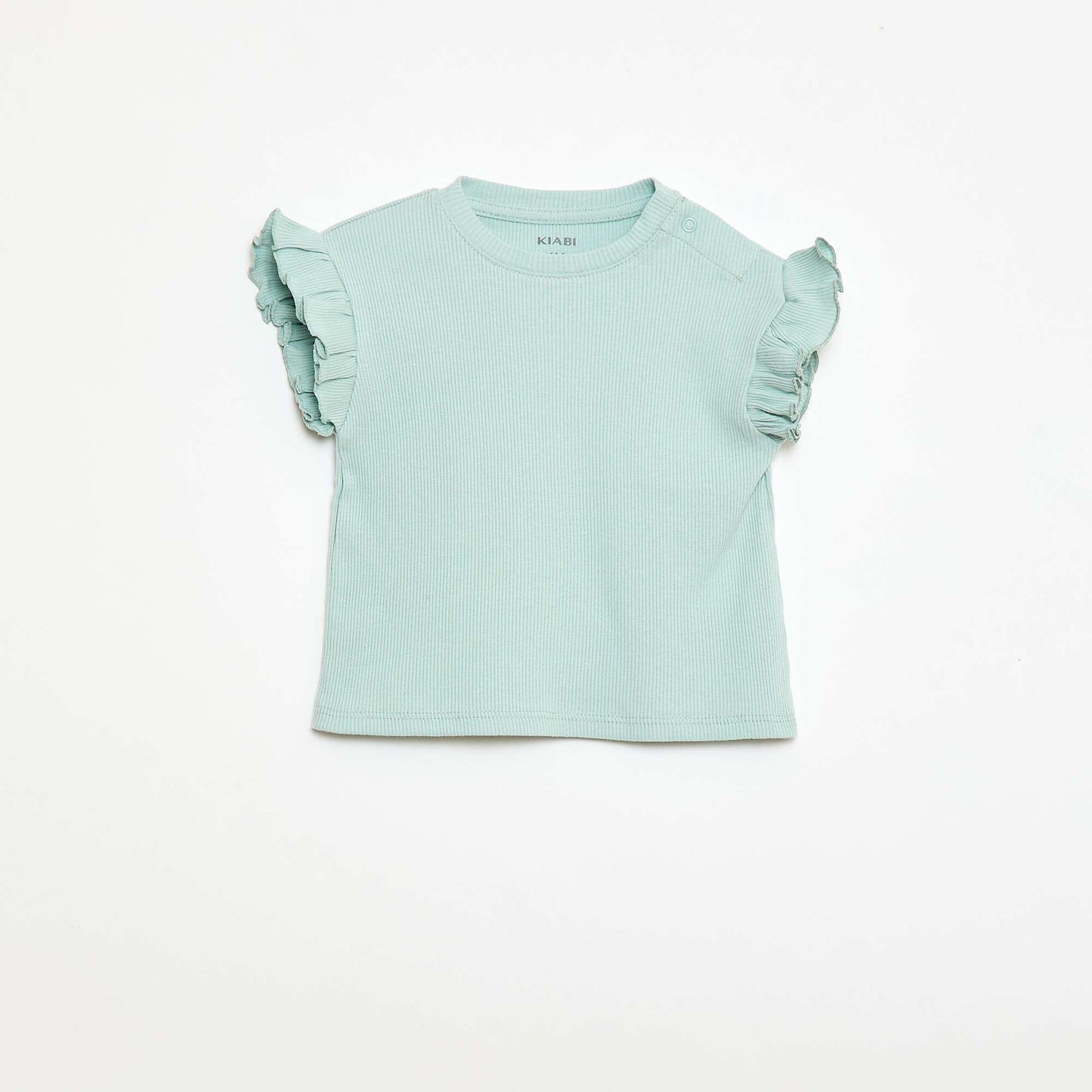 T-shirt côtelé à manches courtes volantées BLEU