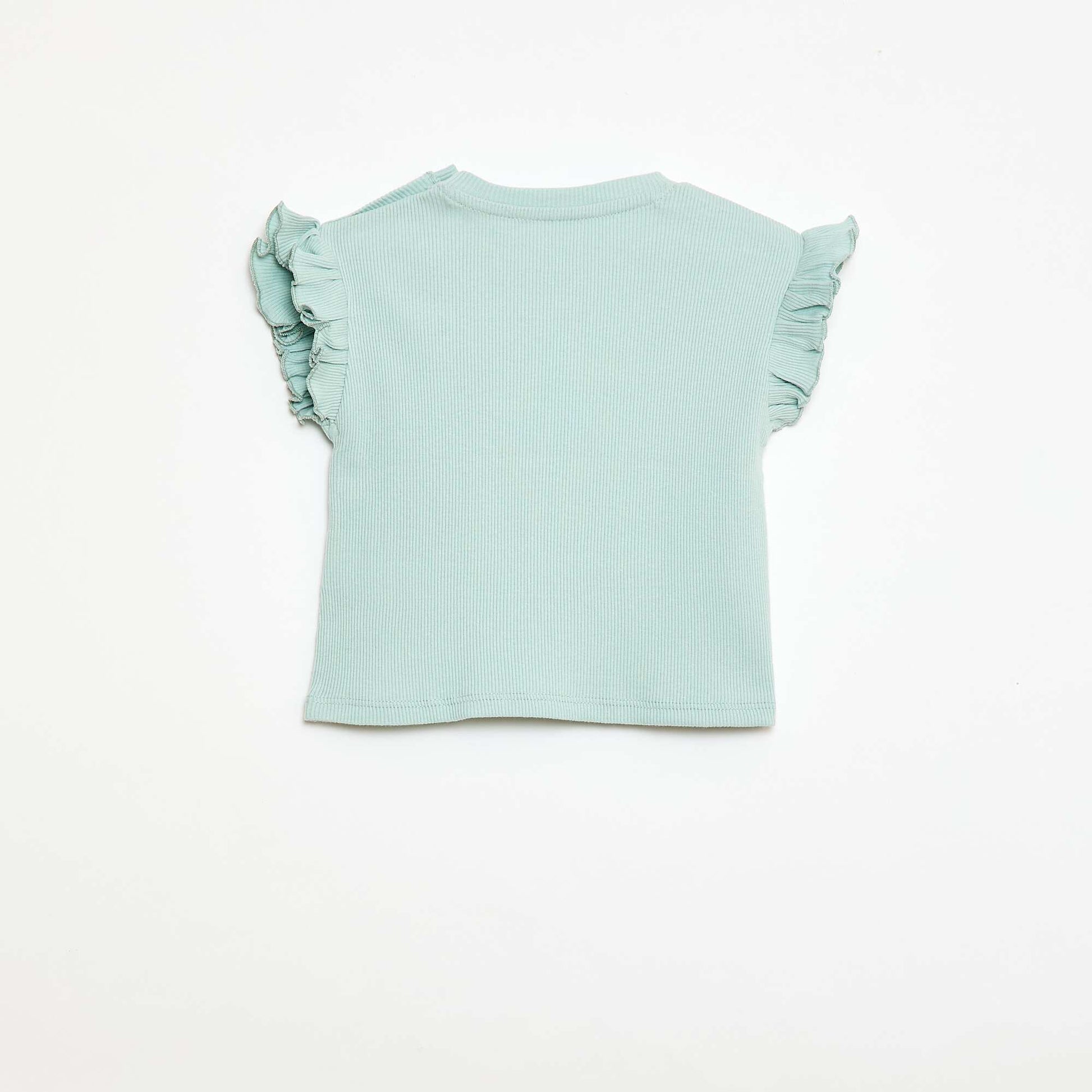 T-shirt côtelé à manches courtes volantées BLEU