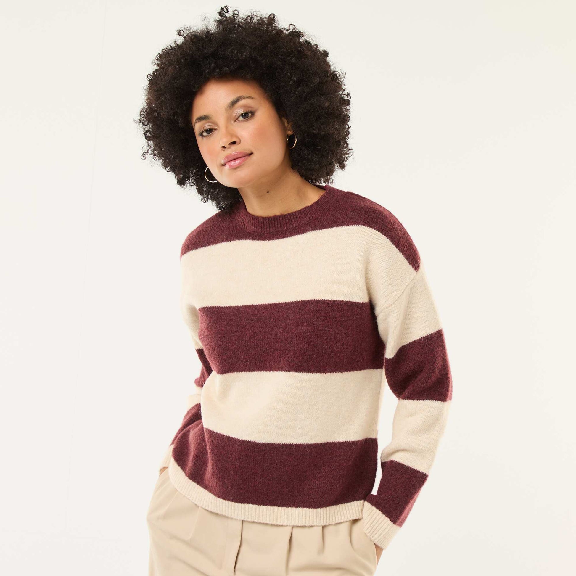 Pull rayé col rond en matière douce BEIGE