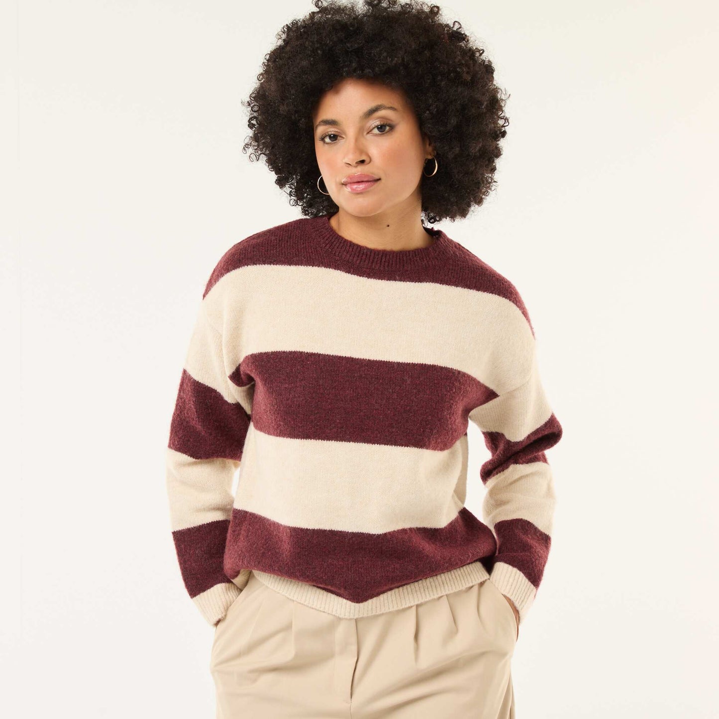 Pull rayé col rond en matière douce BEIGE