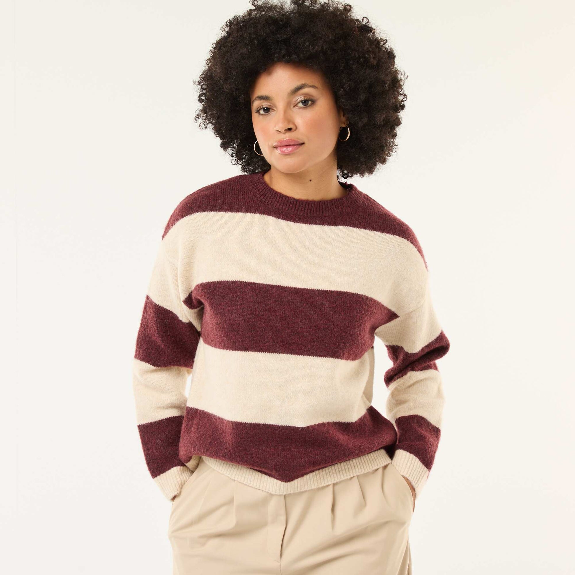 Pull rayé col rond en matière douce BEIGE