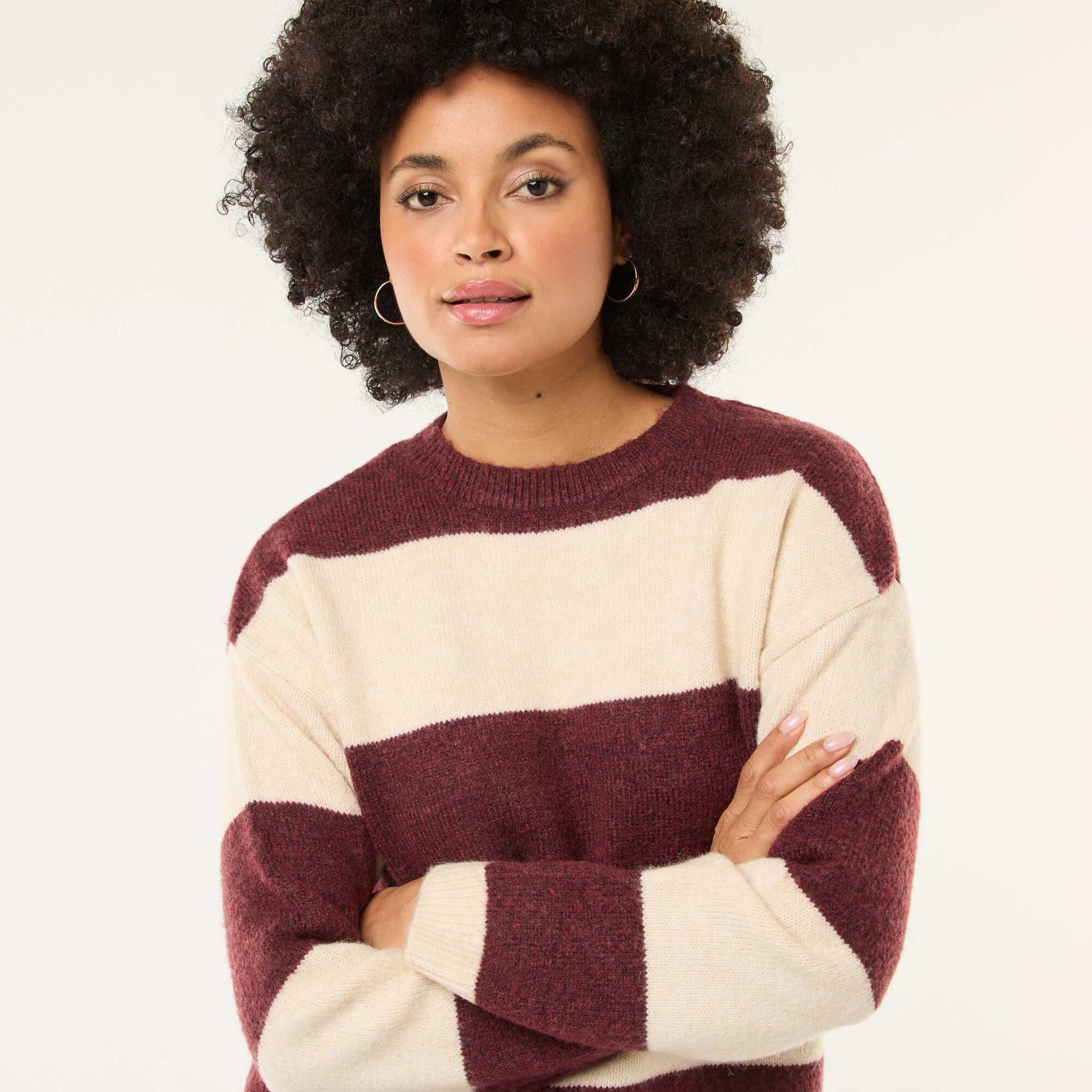 Pull rayé col rond en matière douce BEIGE