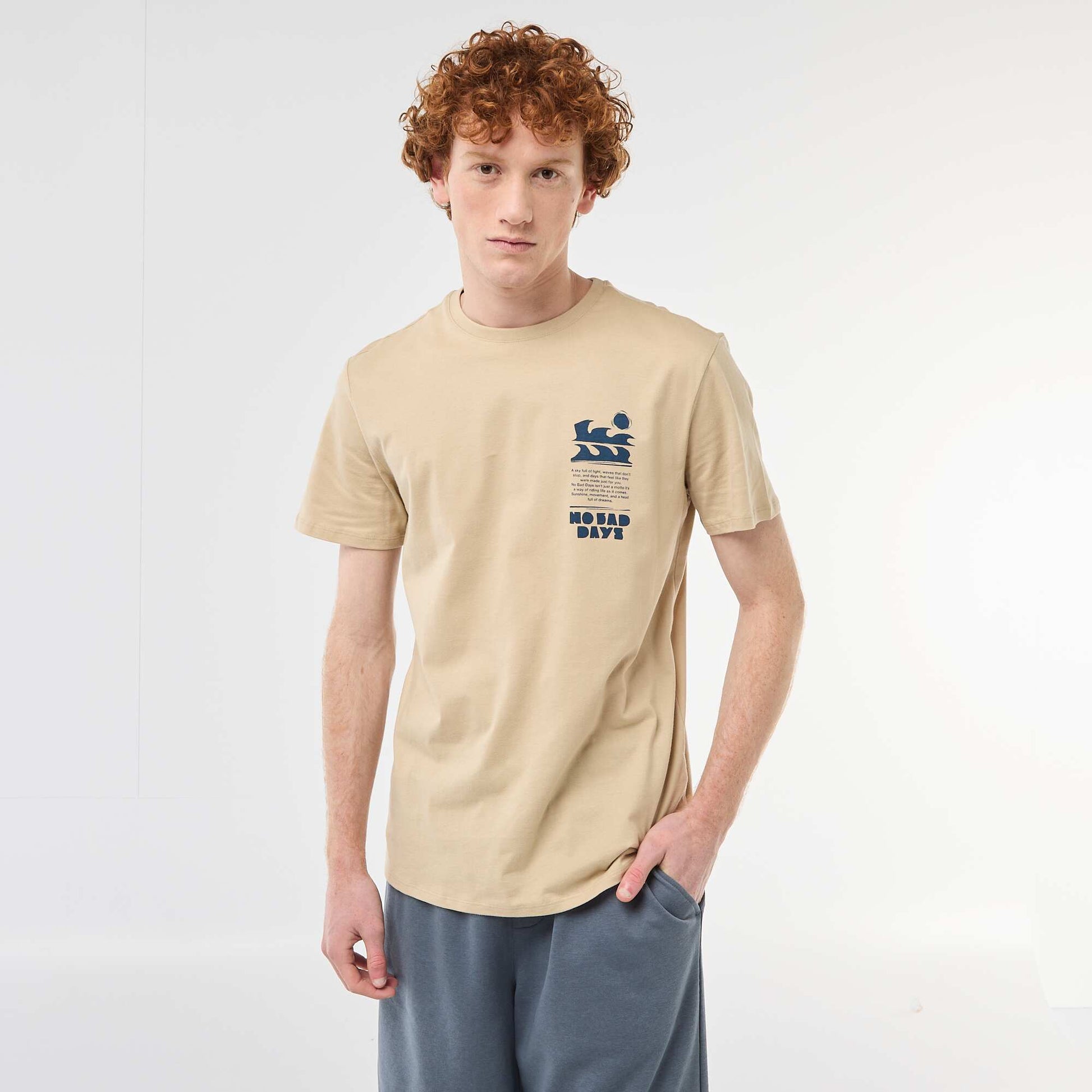 T-shirt imprimé placé en coton uni BEIGE