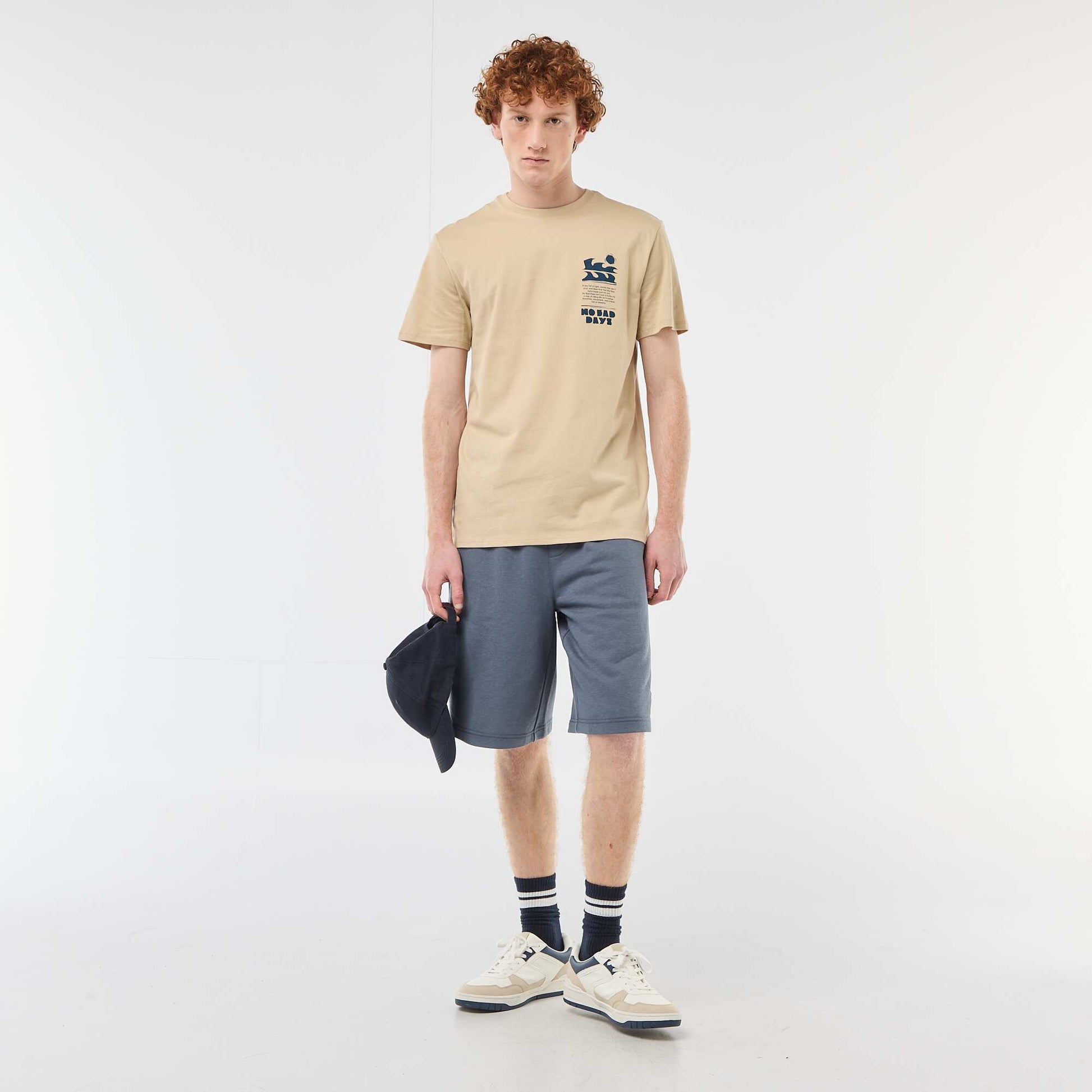 T-shirt imprimé placé en coton uni BEIGE