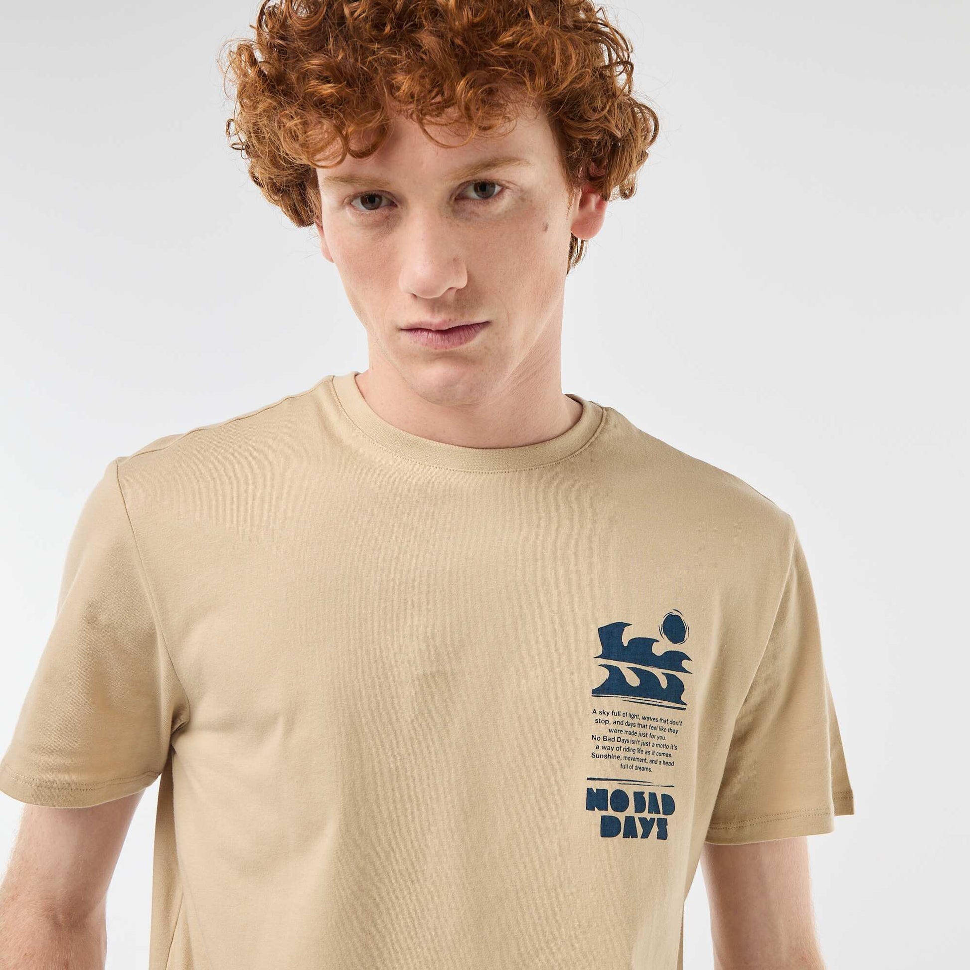 T-shirt imprimé placé en coton uni BEIGE